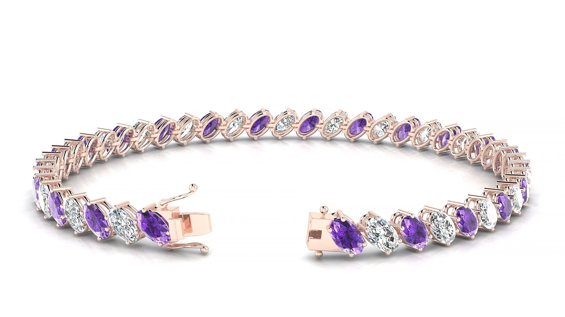 Nîmes 1-1 | 18k Rose Gold 5 x 3 mm Oval Natural Amethyst & Diamond Tennis Bracelet