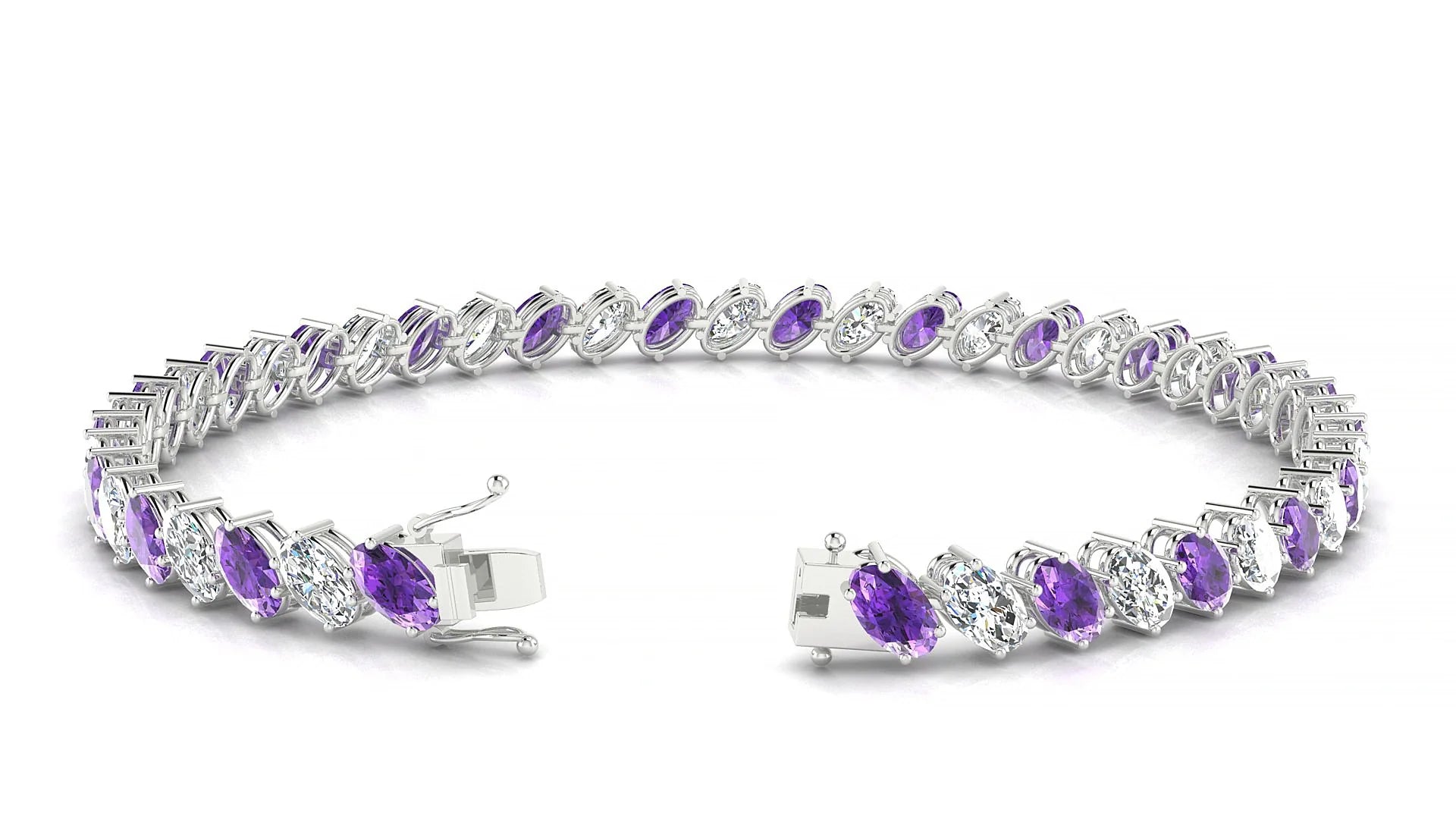 Nîmes 1-1 | 18k White Gold 5 x 3 mm Oval Natural Amethyst & Diamond Tennis Bracelet