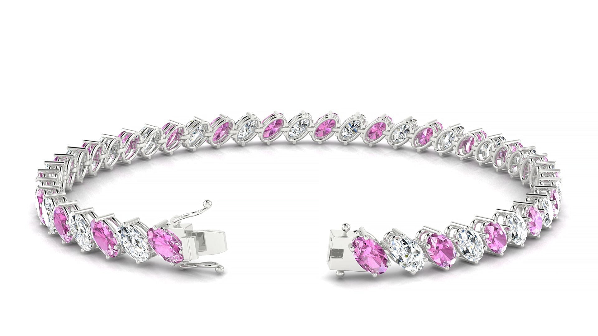 Nîmes 1-1 | 18k White Gold 5 x 3 mm Oval Natural Pink Sapphire & Diamond Tennis Bracelet