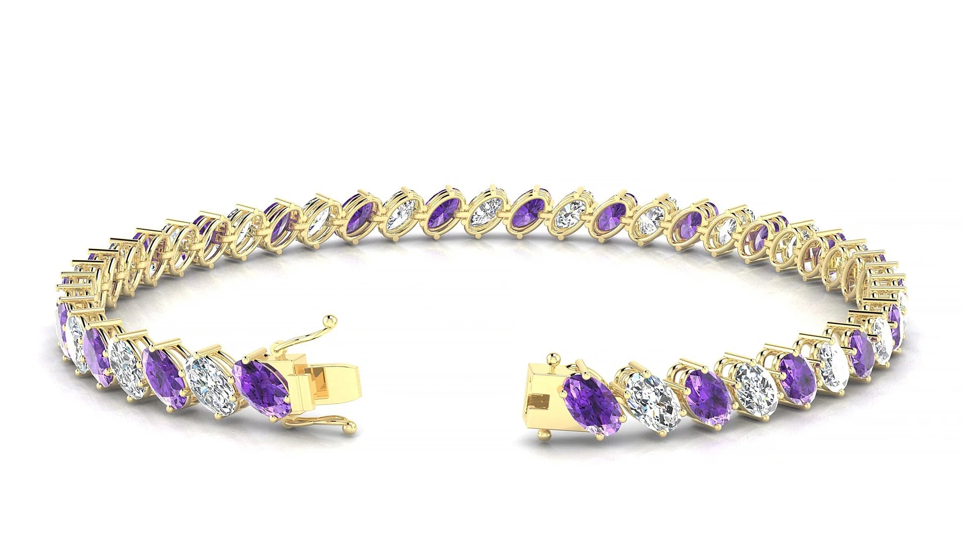 Nîmes 1-1 | 18k Yellow Gold 5 x 3 mm Oval Natural Amethyst & Diamond Tennis Bracelet