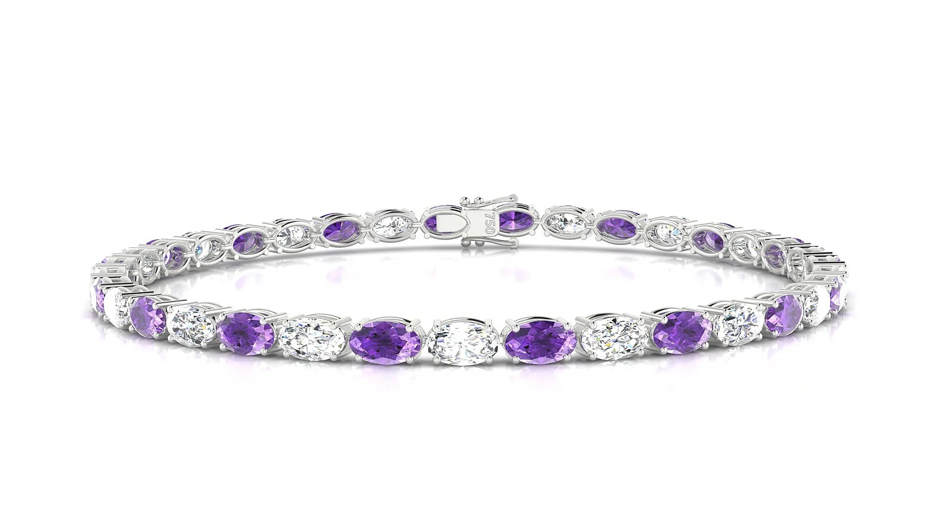 Pula 1-1 | 18k White Gold 5 x 3 mm Oval Natural Amethyst & Diamond 18 cm Tennis Bracelet