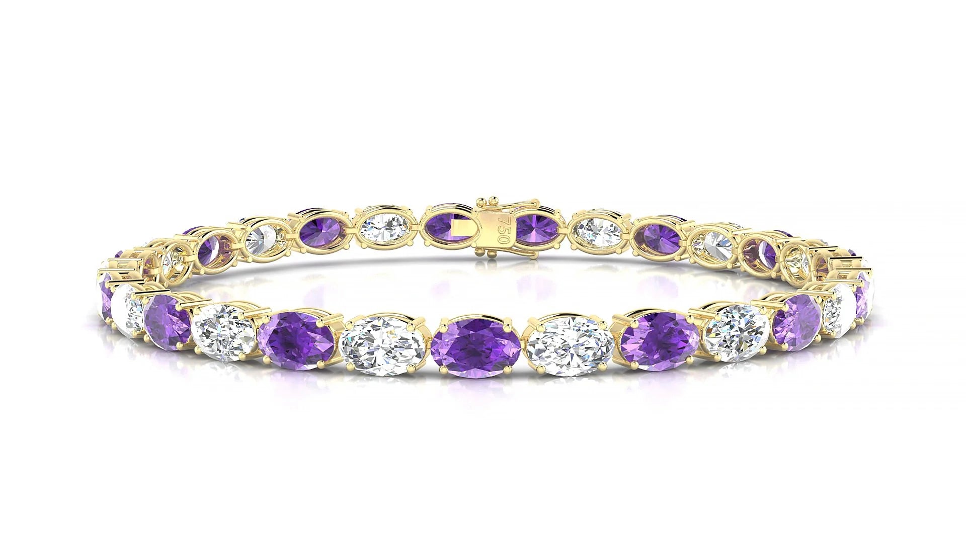 Pula 1-1 | 18k Yellow Gold 6 x 4 mm Oval Natural Amethyst & Diamond 18 cm Tennis Bracelet