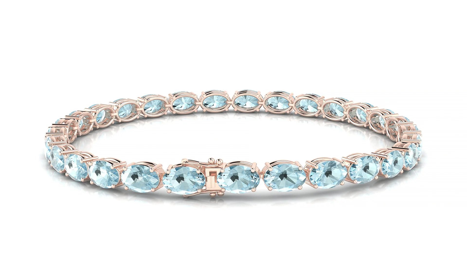 Pula | 18k Rose Gold 6 x 4 mm Oval Natural Aquamarine 18 cm Tennis Bracelet