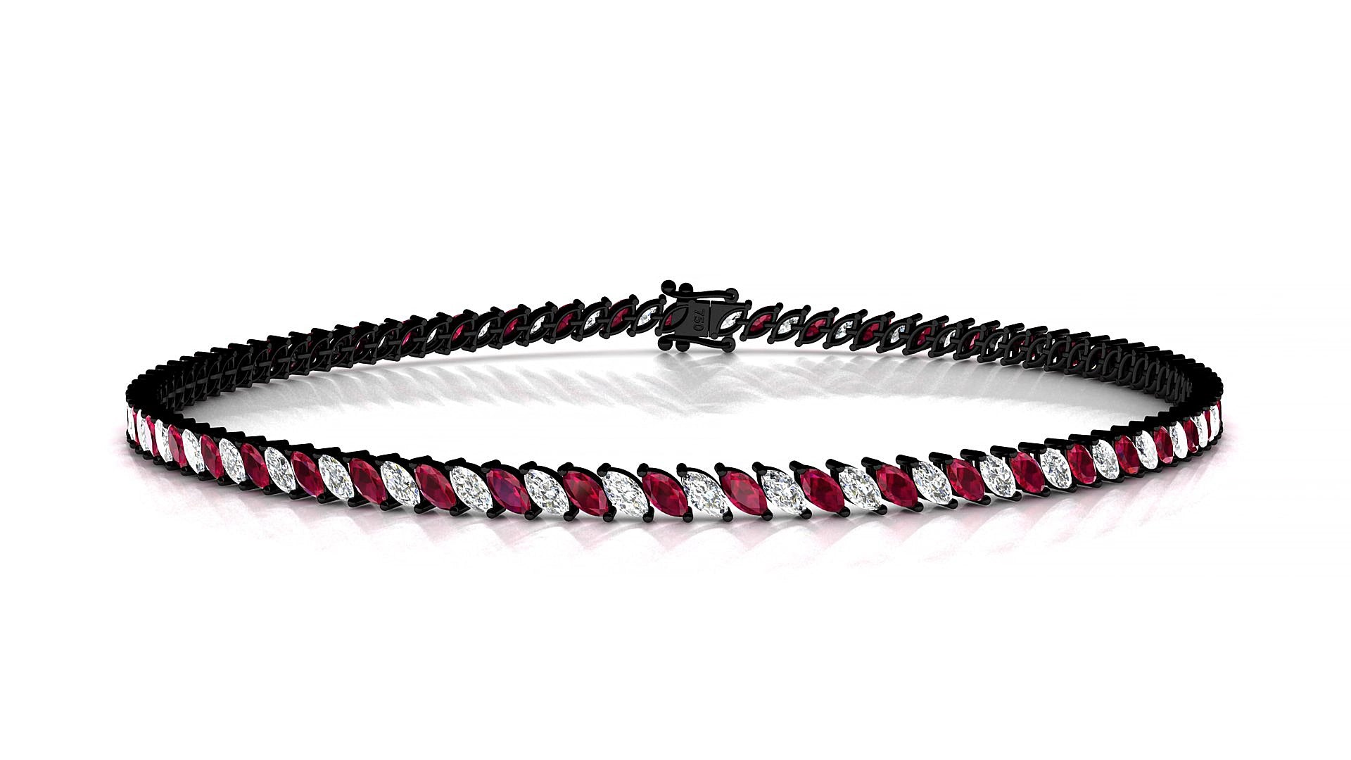 Venezia 1-1 | 18k Black Gold 3 x 1.5 mm Marquise Natural Ruby & Diamond 15 cm Tennis Bracelet