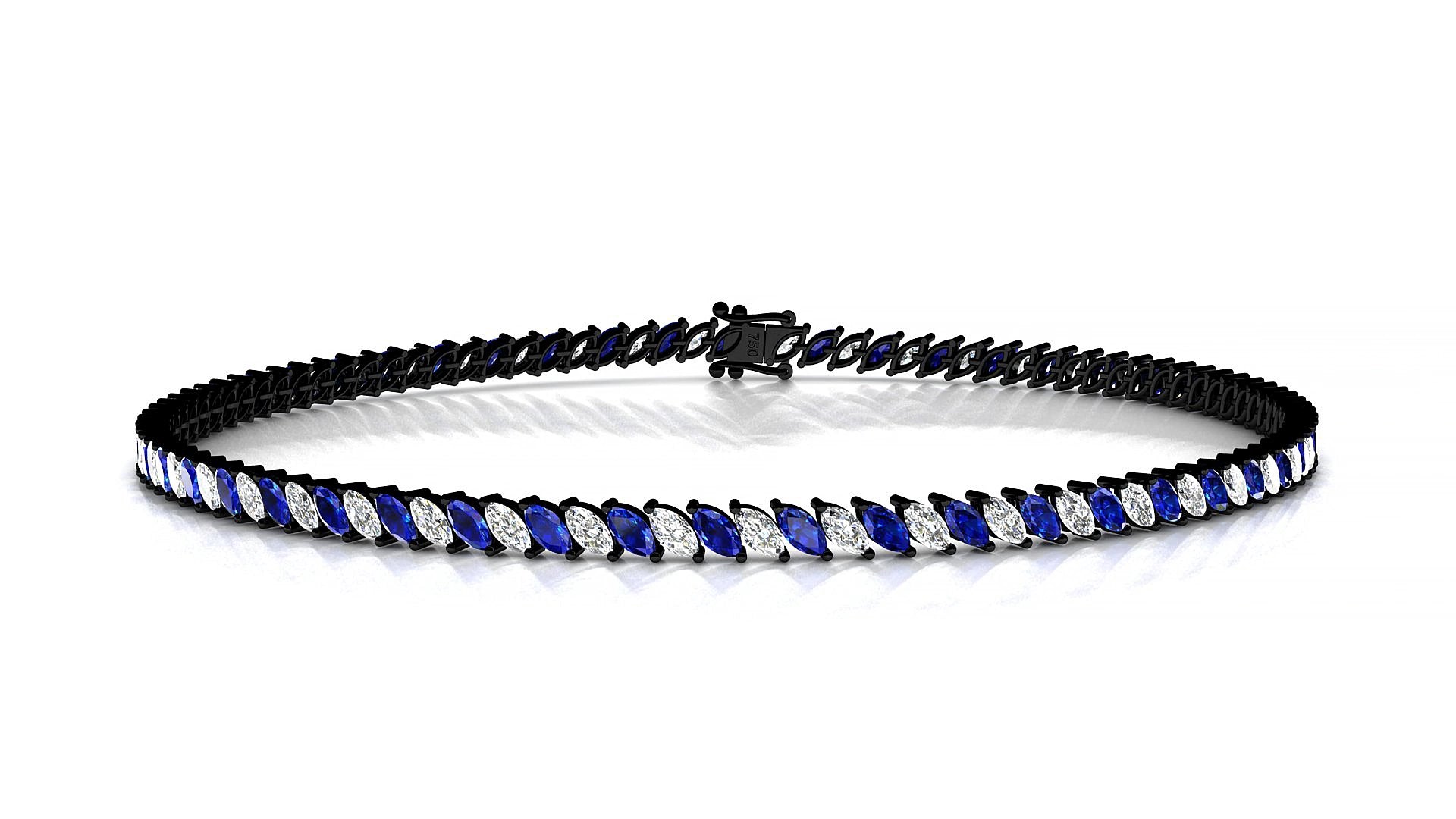 Venezia 1-1 | 18k Black Gold 3 x 1.5 mm Marquise Natural Sapphire & Diamond 15 cm Tennis Bracelet