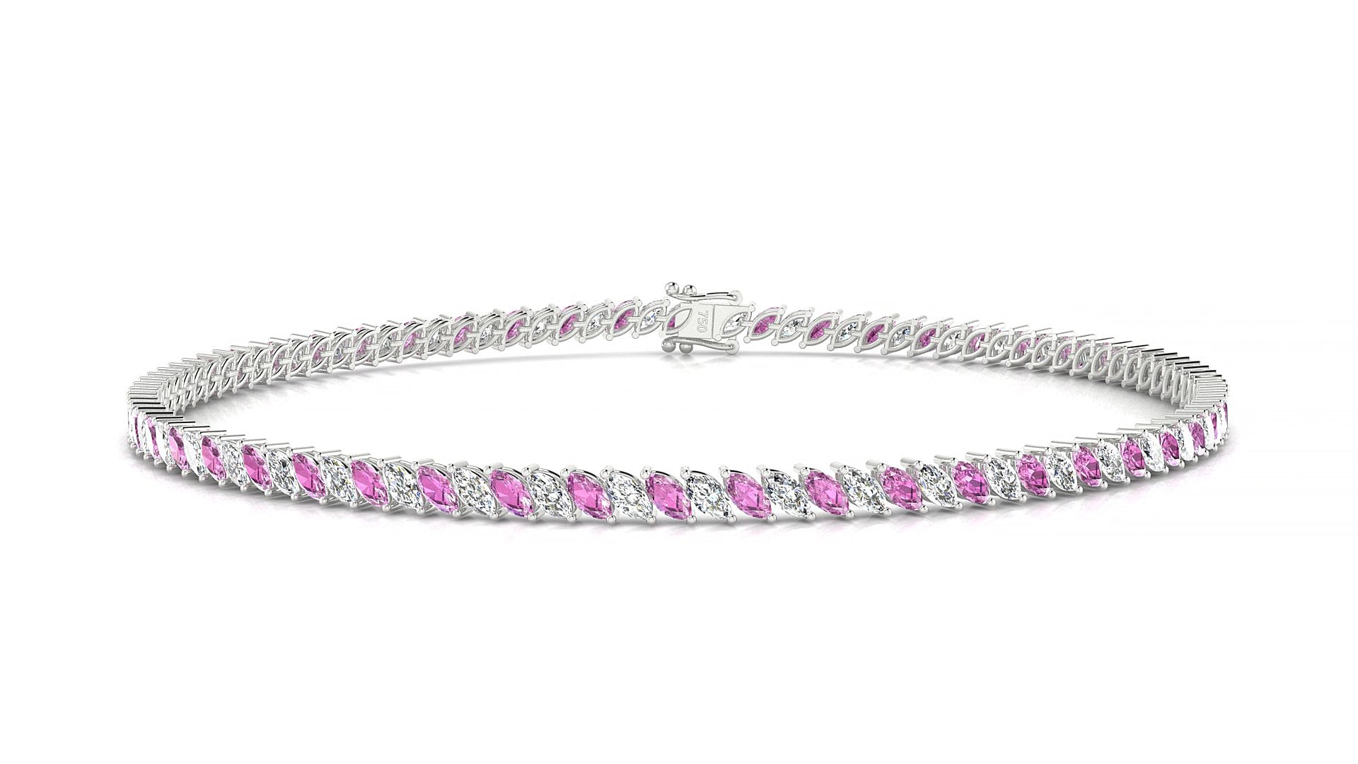 Venezia 1-1 | 18k White Gold 3 x 1.5 mm Marquise Natural Pink Sapphire & Diamond 16 cm Tennis Bracelet