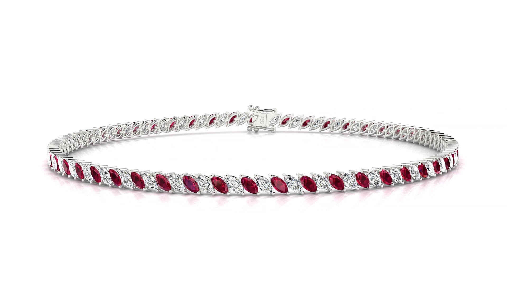 Venezia 1-1 | 18k White Gold 3 x 1.5 mm Marquise Natural Ruby & Diamond 15 cm Tennis Bracelet