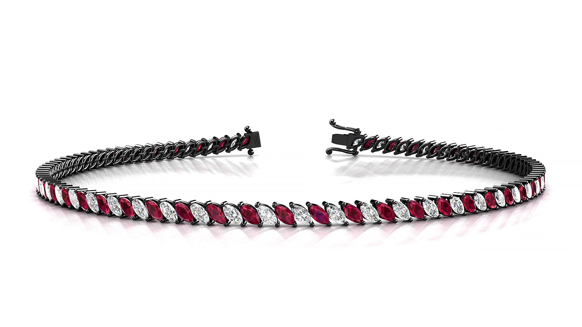 Venezia 1-1 | 18k Black Gold 3 x 1.5 mm Marquise Natural Ruby & Diamond 15 cm Tennis Bracelet