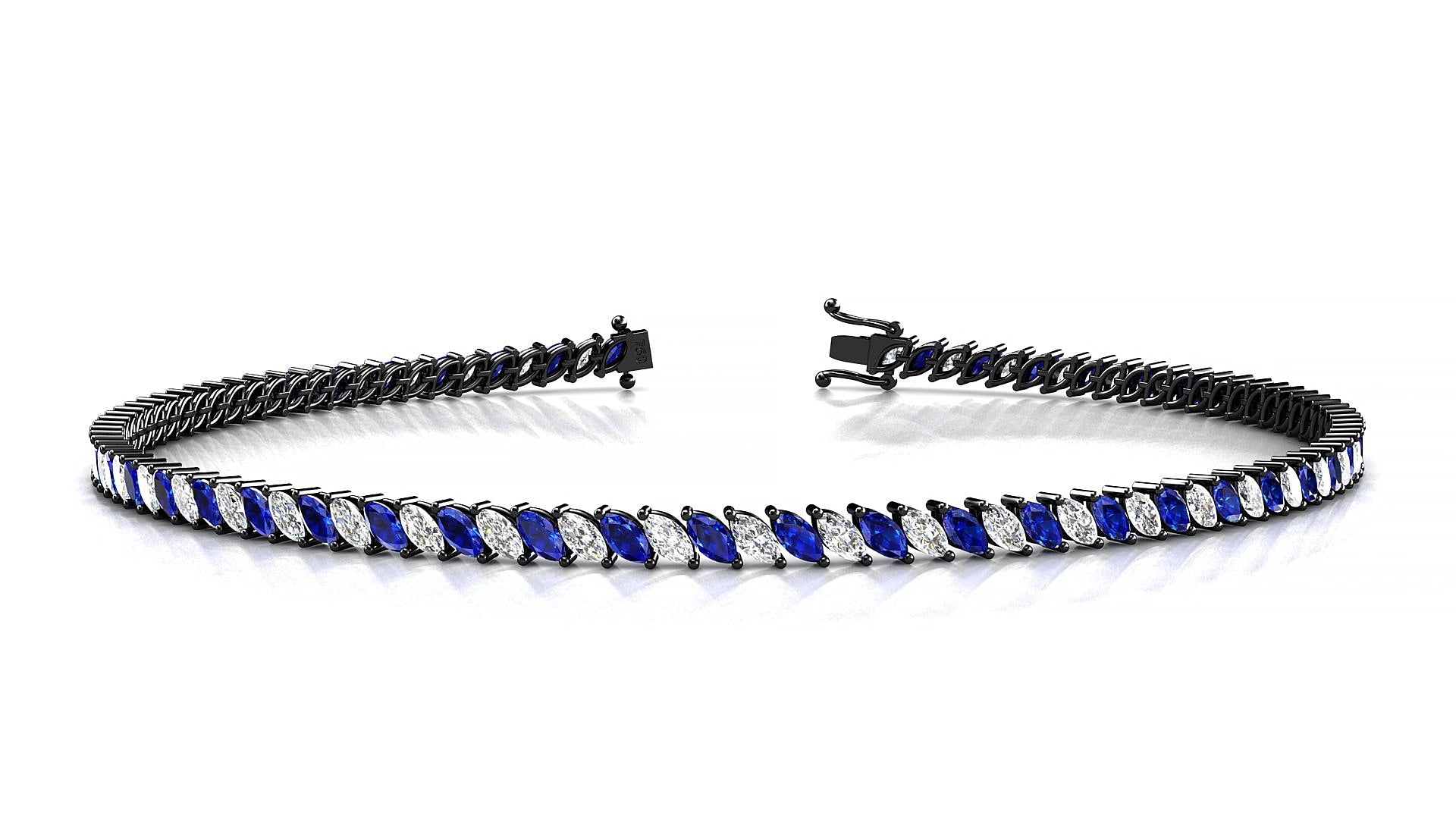 Venezia 1-1 | 18k Black Gold 3 x 1.5 mm Marquise Natural Sapphire & Diamond 15 cm Tennis Bracelet