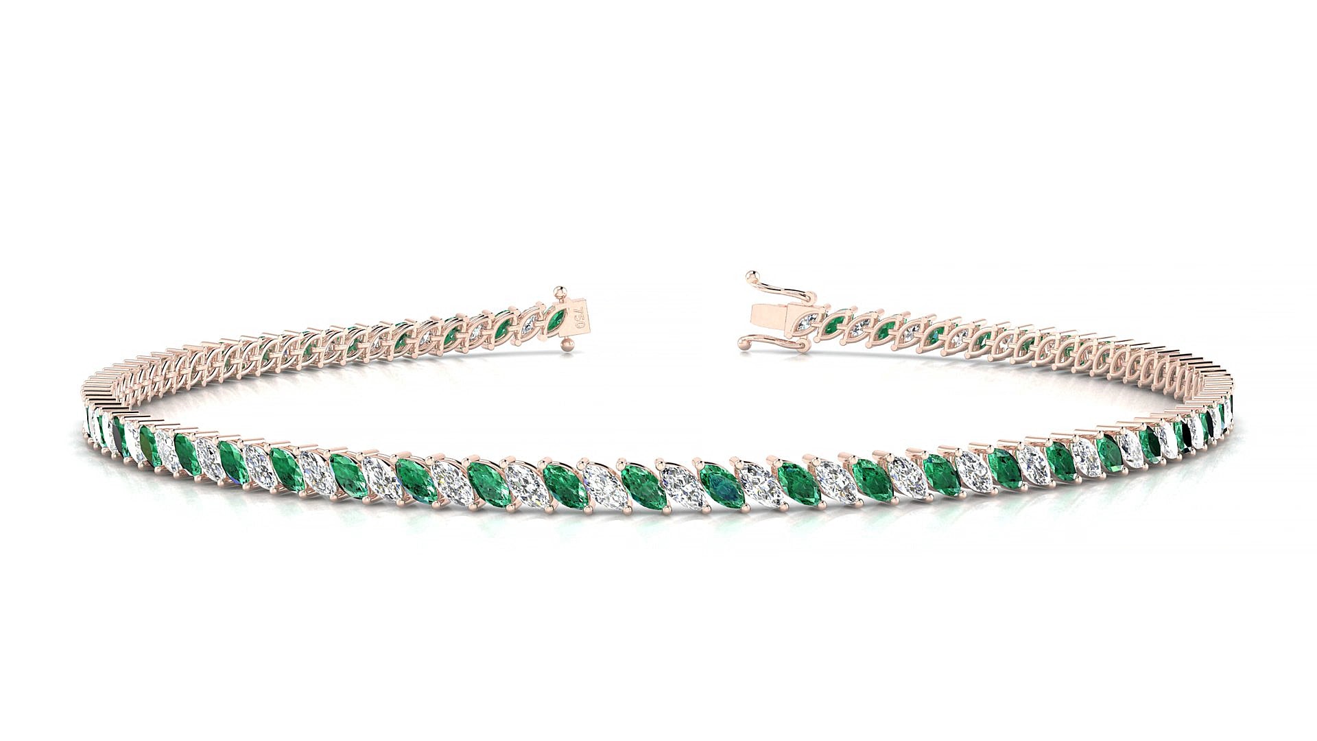 Venezia 1-1 | 18k Rose Gold 3 x 1.5 mm Marquise Natural Emerald & Diamond 15 cm Tennis Bracelet