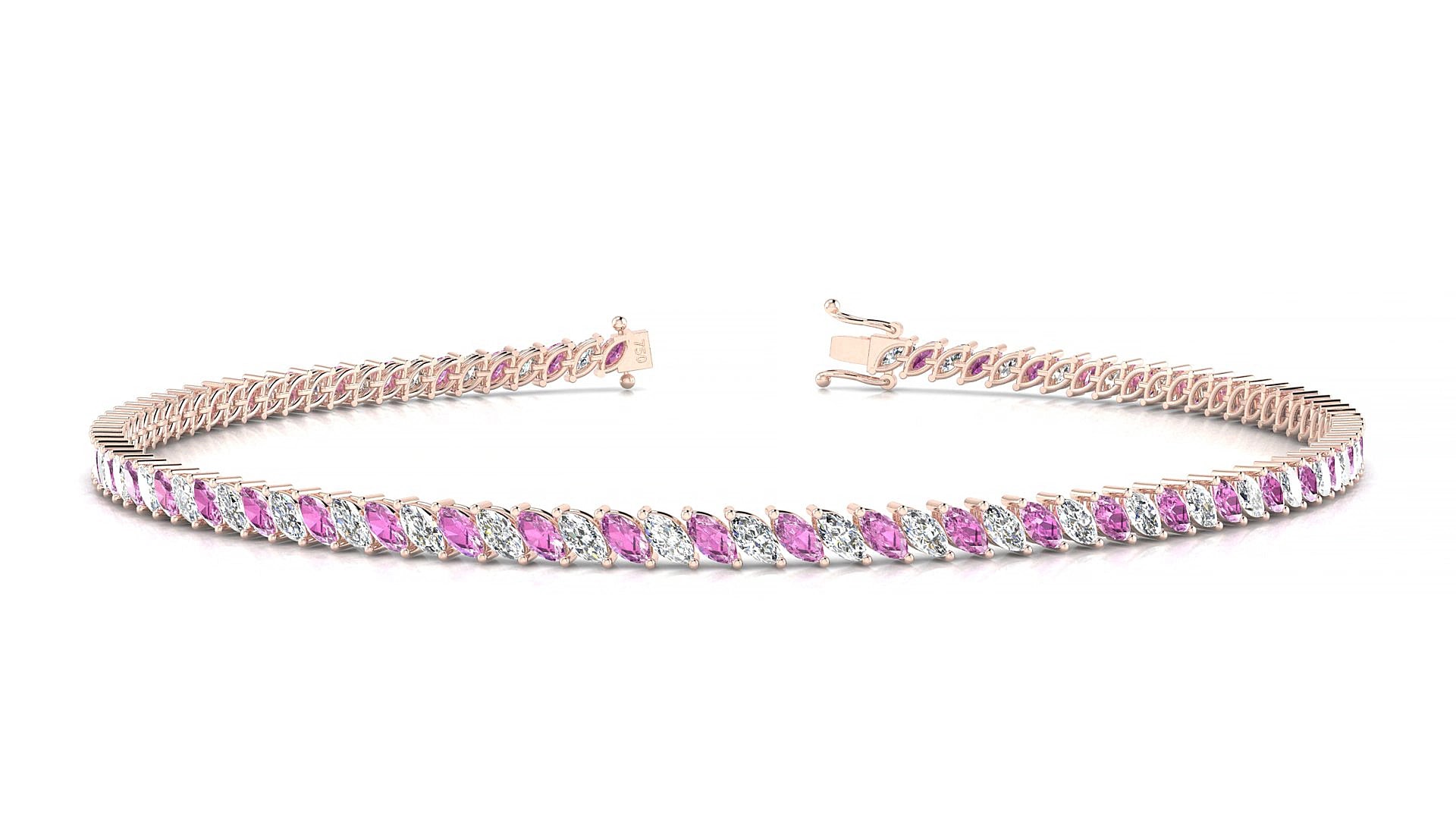 Venezia 1-1 | 18k Rose Gold 3 x 1.5 mm Marquise Natural Pink Sapphire & Diamond 15 cm Tennis Bracelet