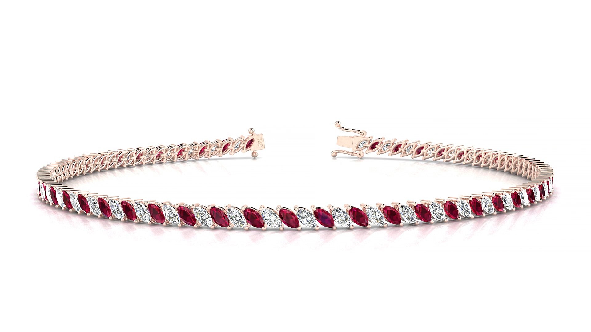 Venezia 1-1 | 18k Rose Gold 3 x 1.5 mm Marquise Natural Ruby & Diamond 15 cm Tennis Bracelet