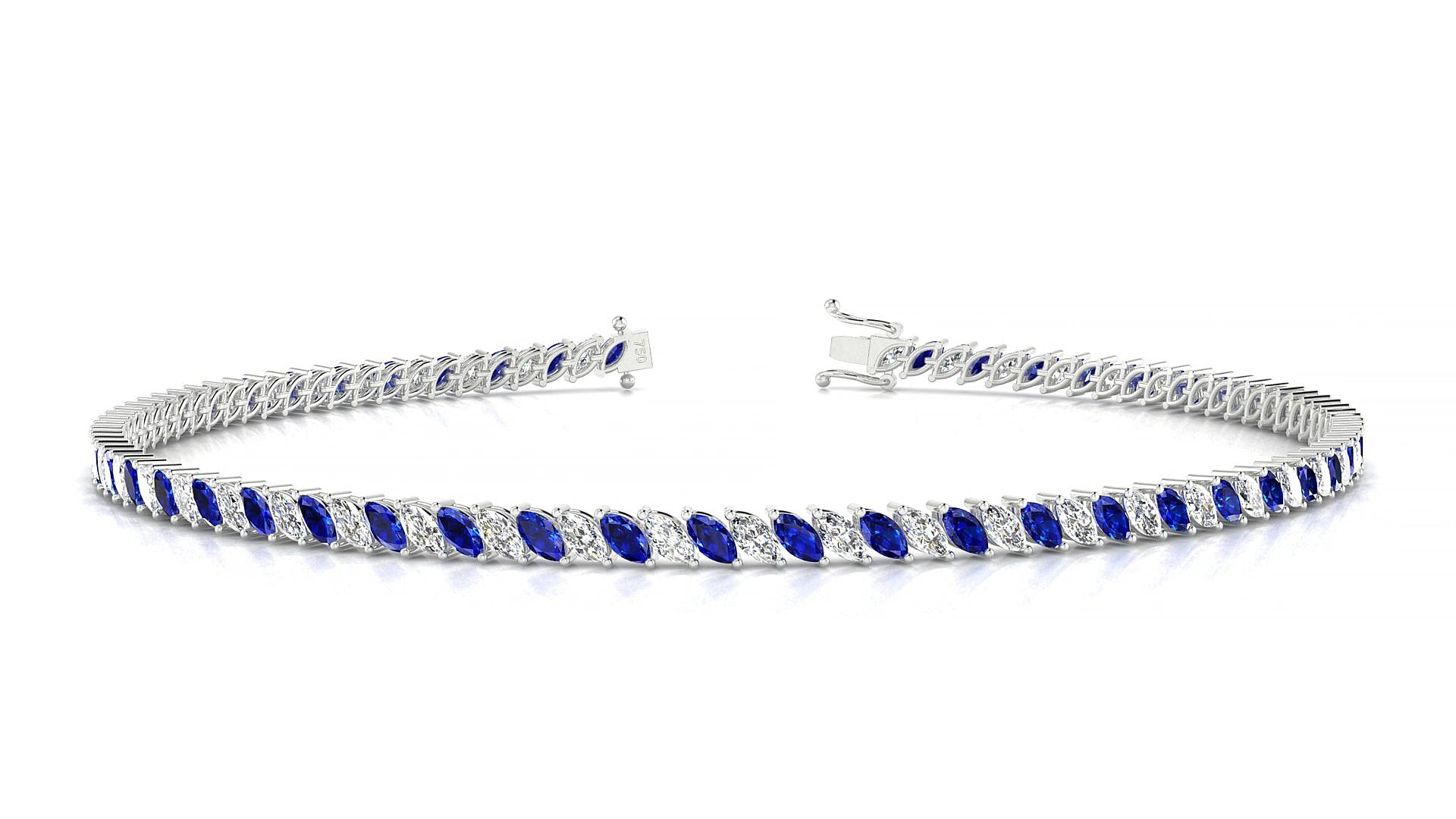 Venezia 1-1 | 18k White Gold 3 x 1.5 mm Marquise Natural Sapphire & Diamond 15 cm Tennis Bracelet