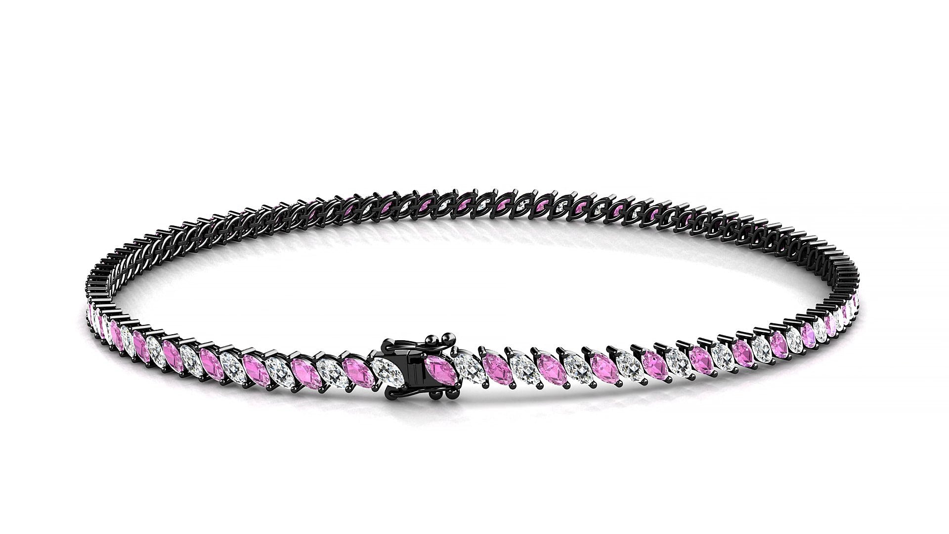 Venezia 1-1 | 18k Black Gold 3 x 1.5 mm Marquise Natural Pink Sapphire & Diamond 15 cm Tennis Bracelet