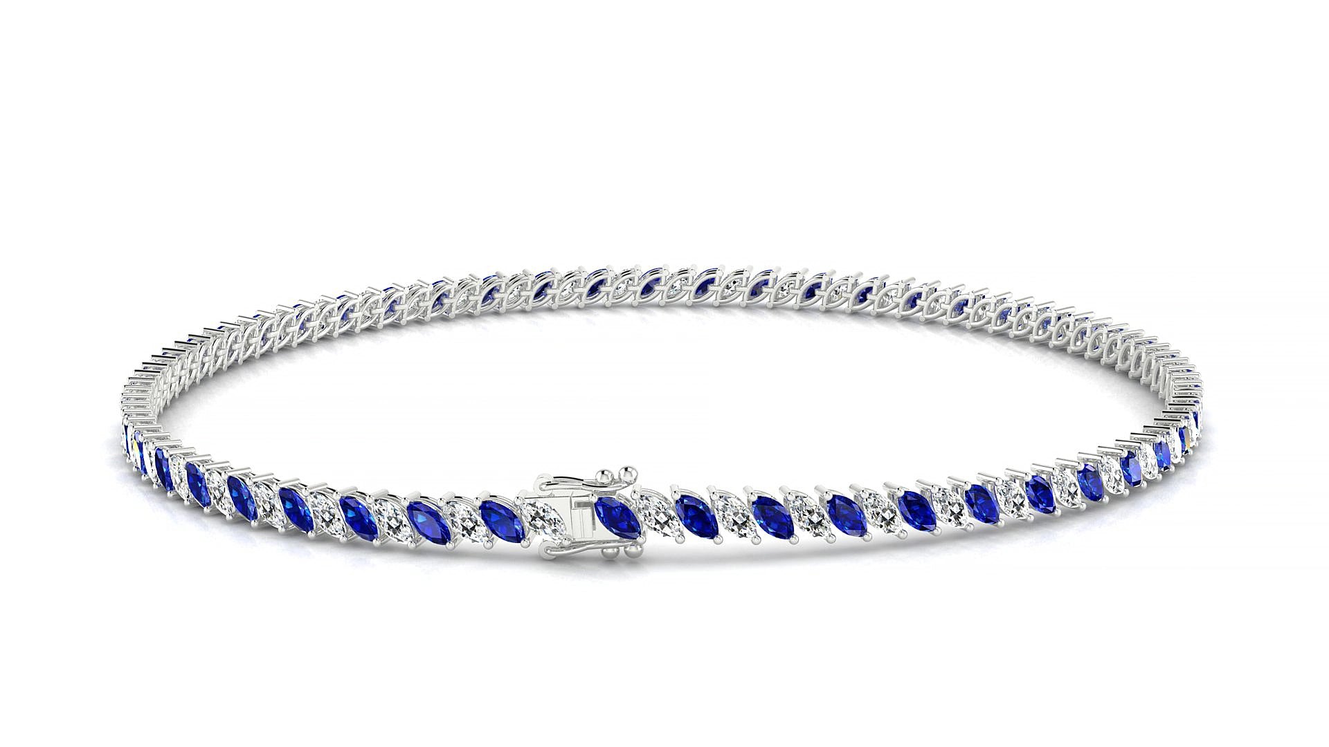 Venezia 1-1 | 18k White Gold 3 x 1.5 mm Marquise Natural Sapphire & Diamond 17 cm Tennis Bracelet
