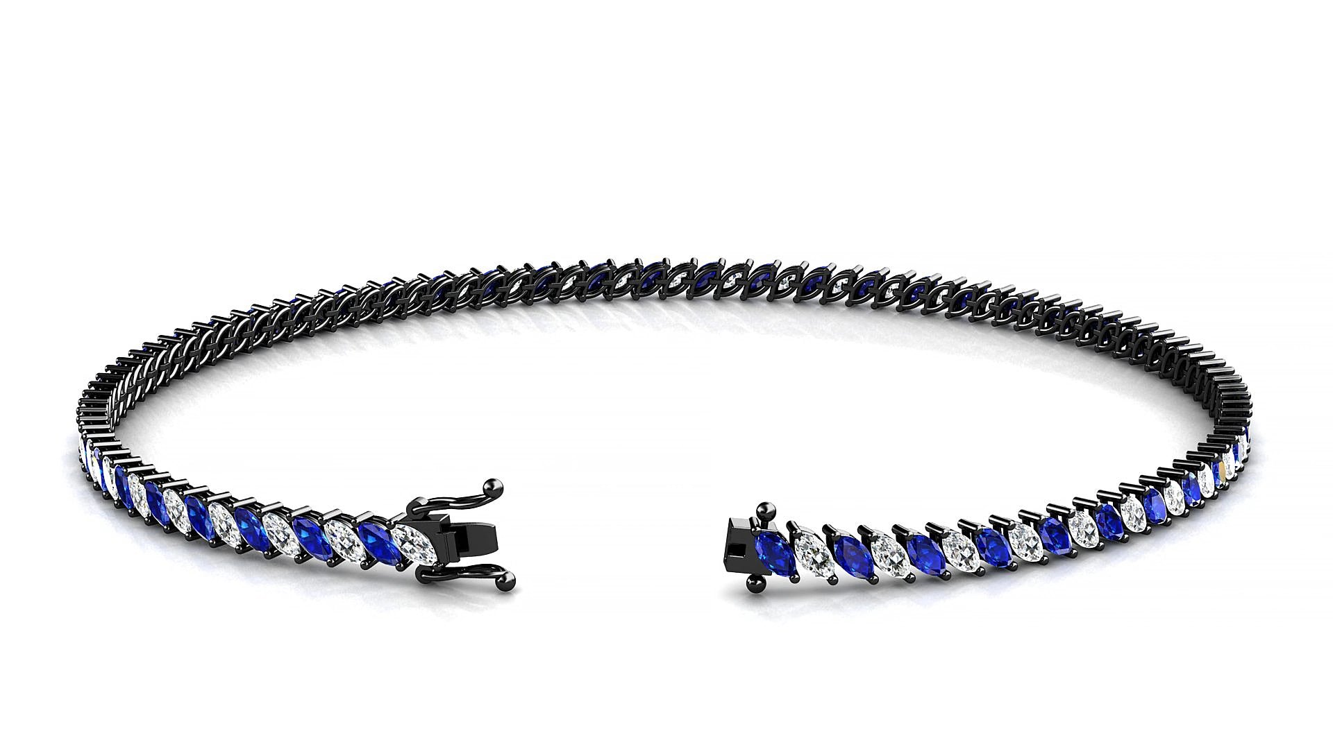 Venezia 1-1 | 18k Black Gold 3 x 1.5 mm Marquise Natural Sapphire & Diamond 15 cm Tennis Bracelet