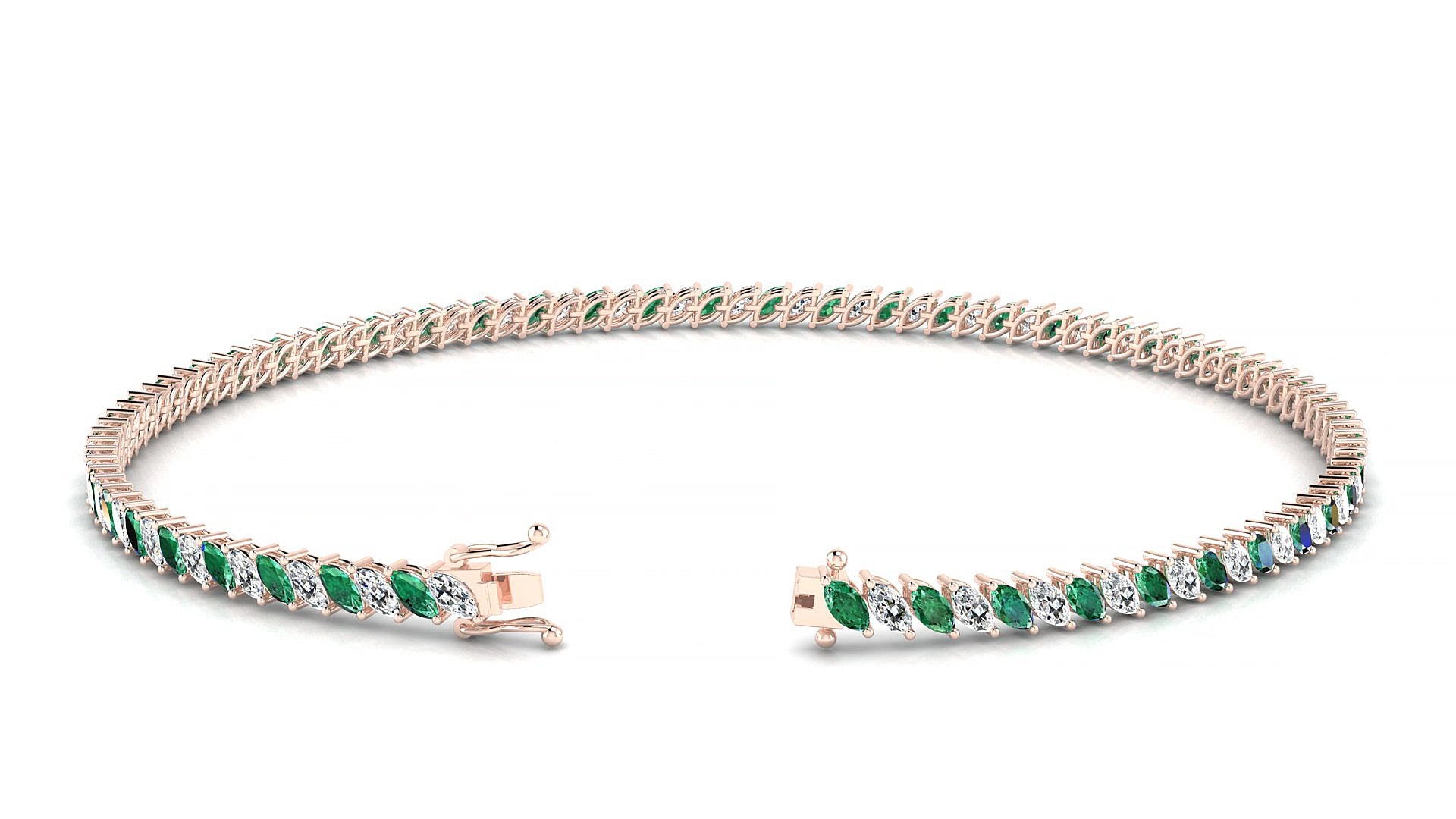 Venezia 1-1 | 18k Rose Gold 3 x 1.5 mm Marquise Natural Emerald & Diamond 15 cm Tennis Bracelet