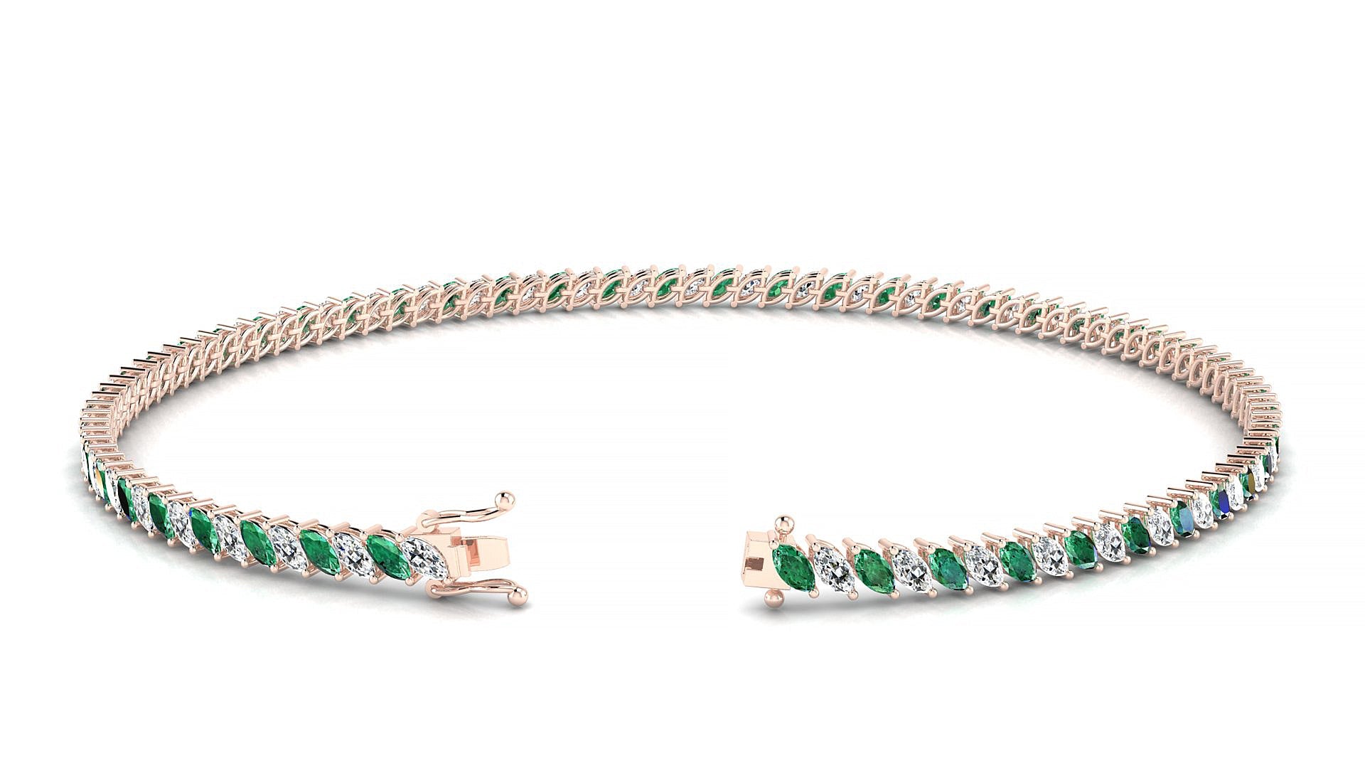 Venezia 1-1 | 18k Rose Gold 3 x 1.5 mm Marquise Natural Emerald & Diamond Tennis Bracelet
