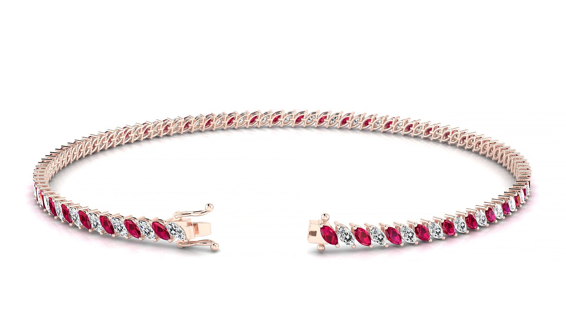 Venezia 1-1 | 18k Rose Gold 3 x 1.5 mm Marquise Natural Ruby & Diamond 15 cm Tennis Bracelet