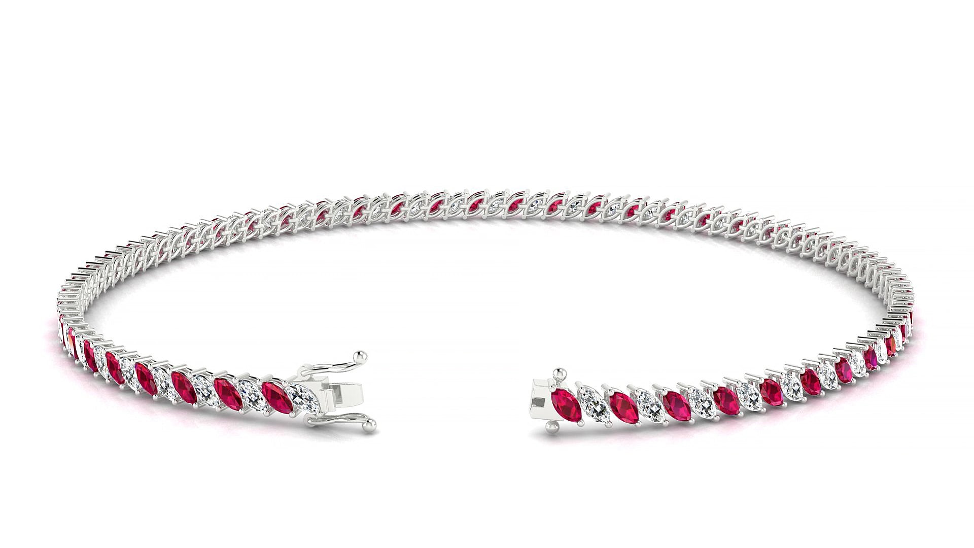 Venezia 1-1 | 18k White Gold 3 x 1.5 mm Marquise Natural Ruby & Diamond 15 cm Tennis Bracelet