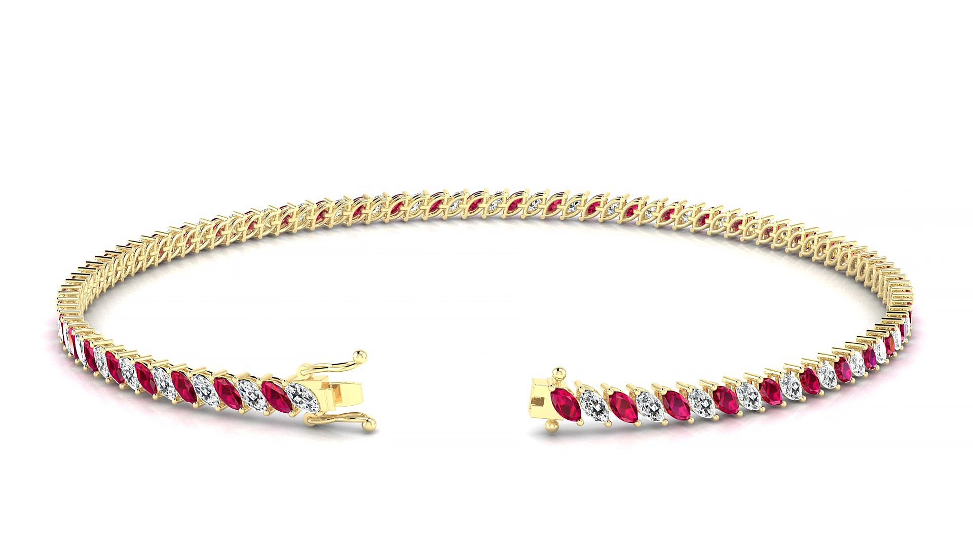Venezia 1-1 | 18k Yellow Gold 3 x 1.5 mm Marquise Natural Ruby & Diamond 15 cm Tennis Bracelet