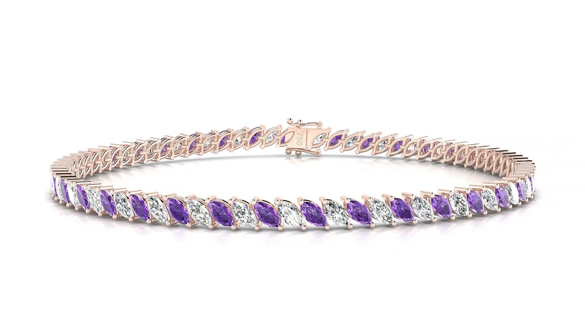 Venezia 1-1 | 18k Rose Gold 4 x 2 mm Marquise Natural Amethyst & Diamond Tennis Bracelet