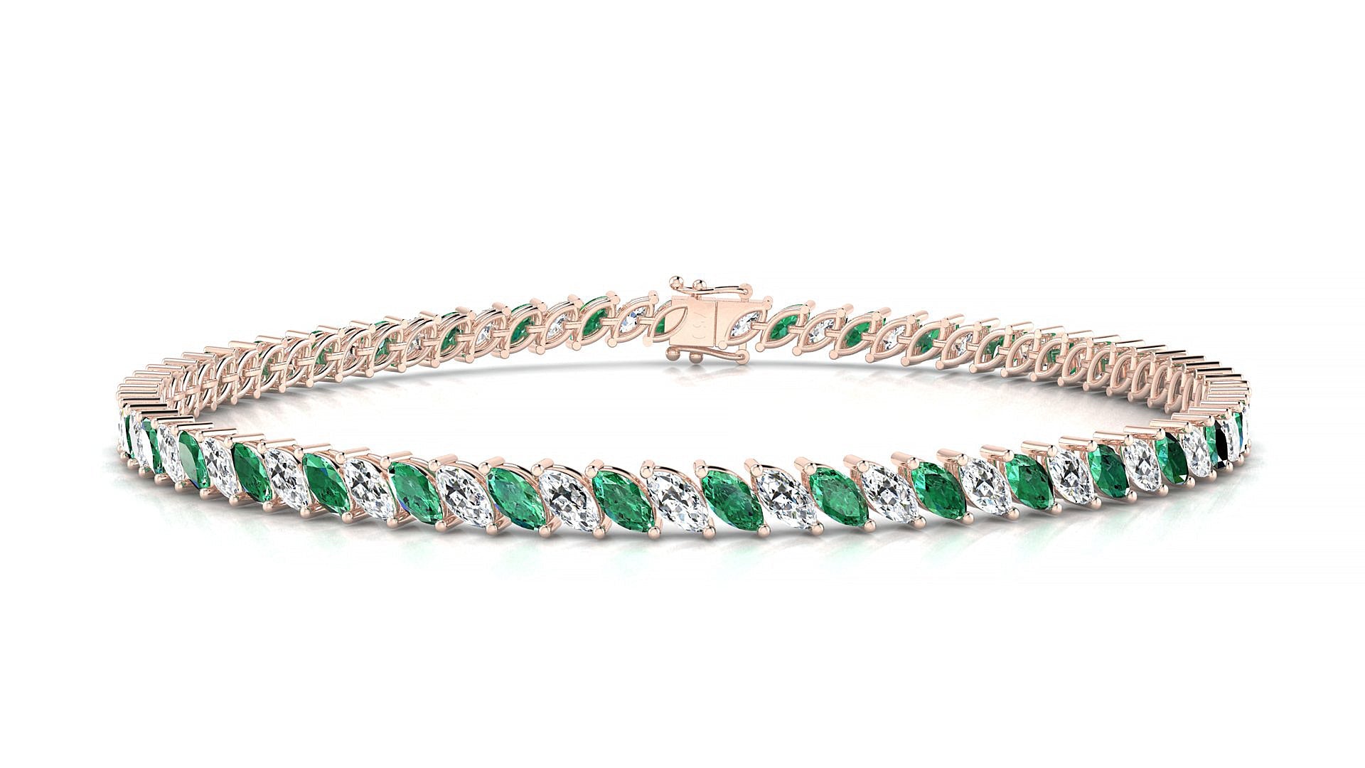 Venezia 1-1 | 18k Rose Gold 4 x 2 mm Marquise Natural Emerald & Diamond Tennis Bracelet