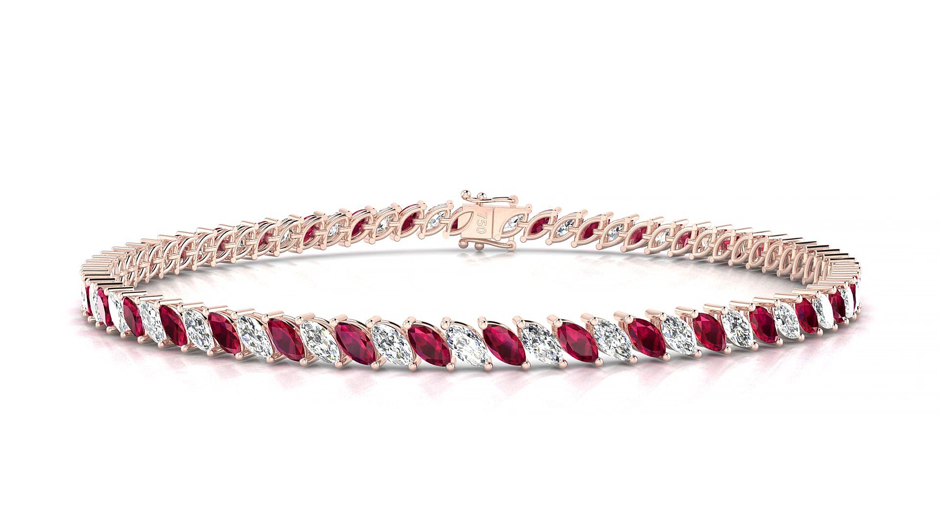 Venezia 1-1 | 18k Rose Gold 4 x 2 mm Marquise Natural Ruby & Diamond 15 cm Tennis Bracelet