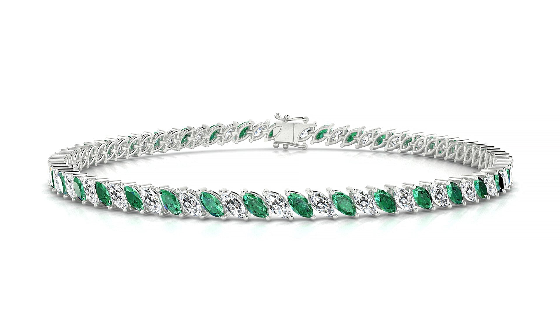 Venezia 1-1 | 18k White Gold 4 x 2 mm Marquise Natural Emerald & Diamond Tennis Bracelet