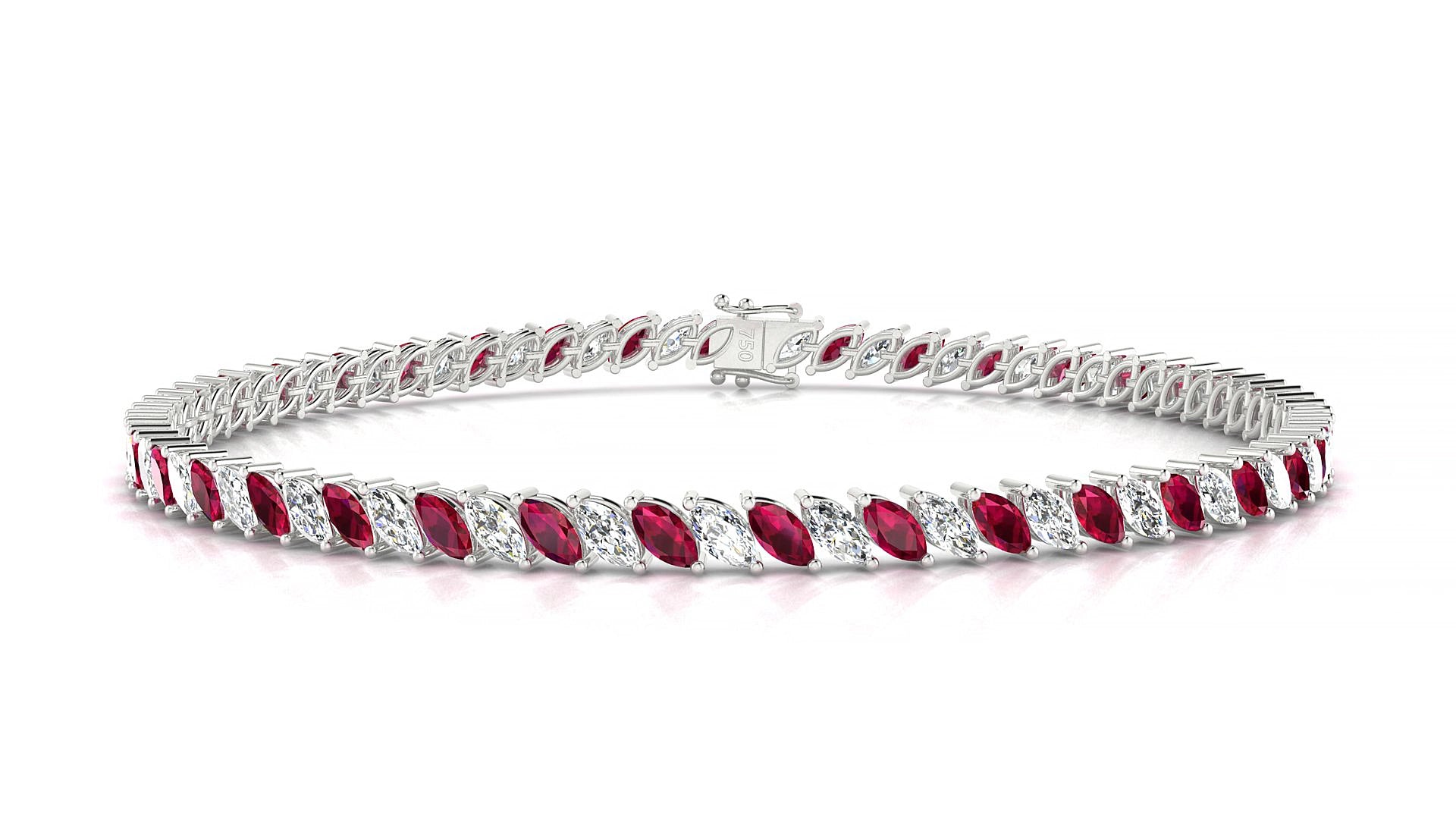 Venezia 1-1 | 18k White Gold 4 x 2 mm Marquise Natural Ruby & Diamond 15 cm Tennis Bracelet