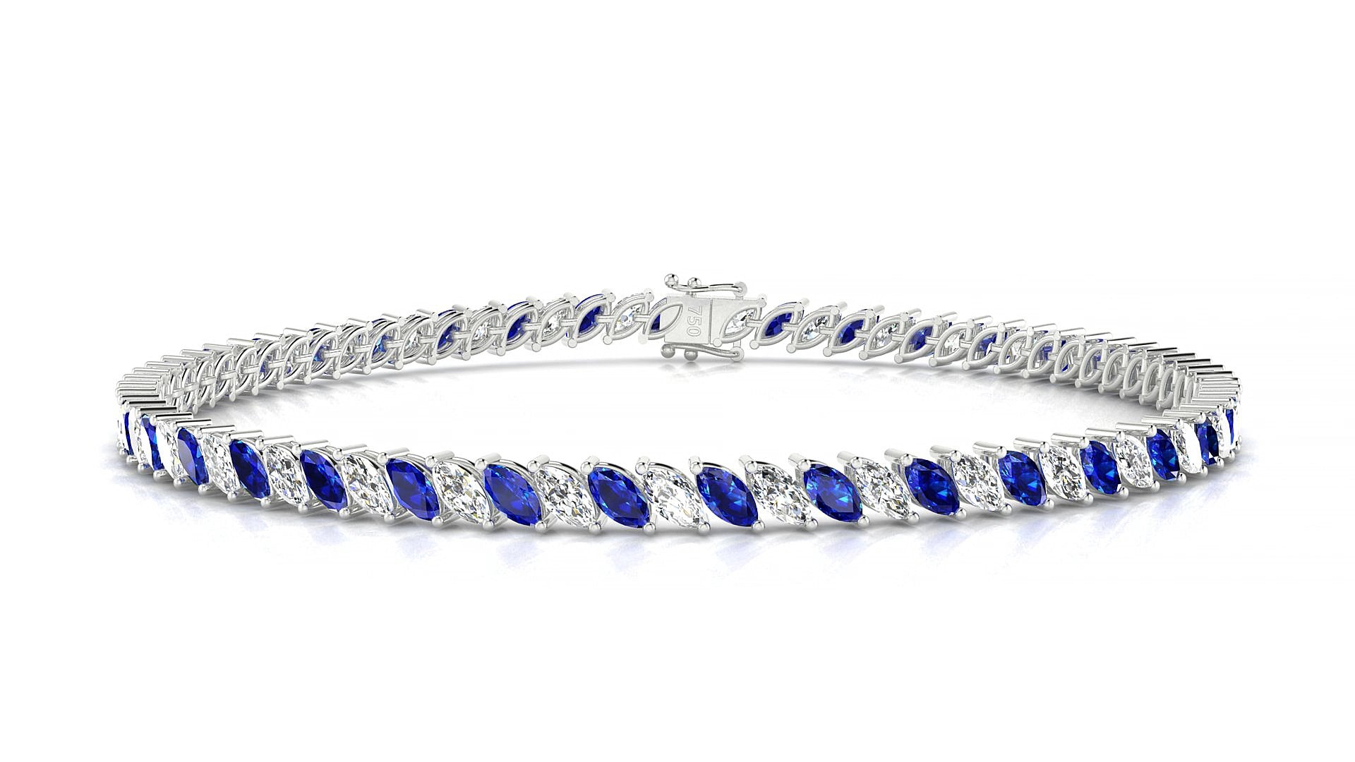 Venezia 1-1 | 18k White Gold 4 x 2 mm Marquise Natural Sapphire & Diamond 16 cm Tennis Bracelet