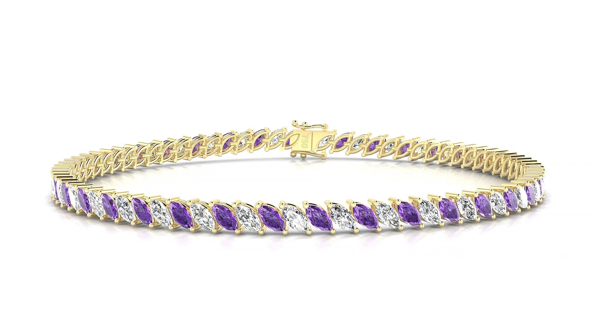 Venezia 1-1 | 18k Yellow Gold 4 x 2 mm Marquise Natural Amethyst & Diamond Tennis Bracelet