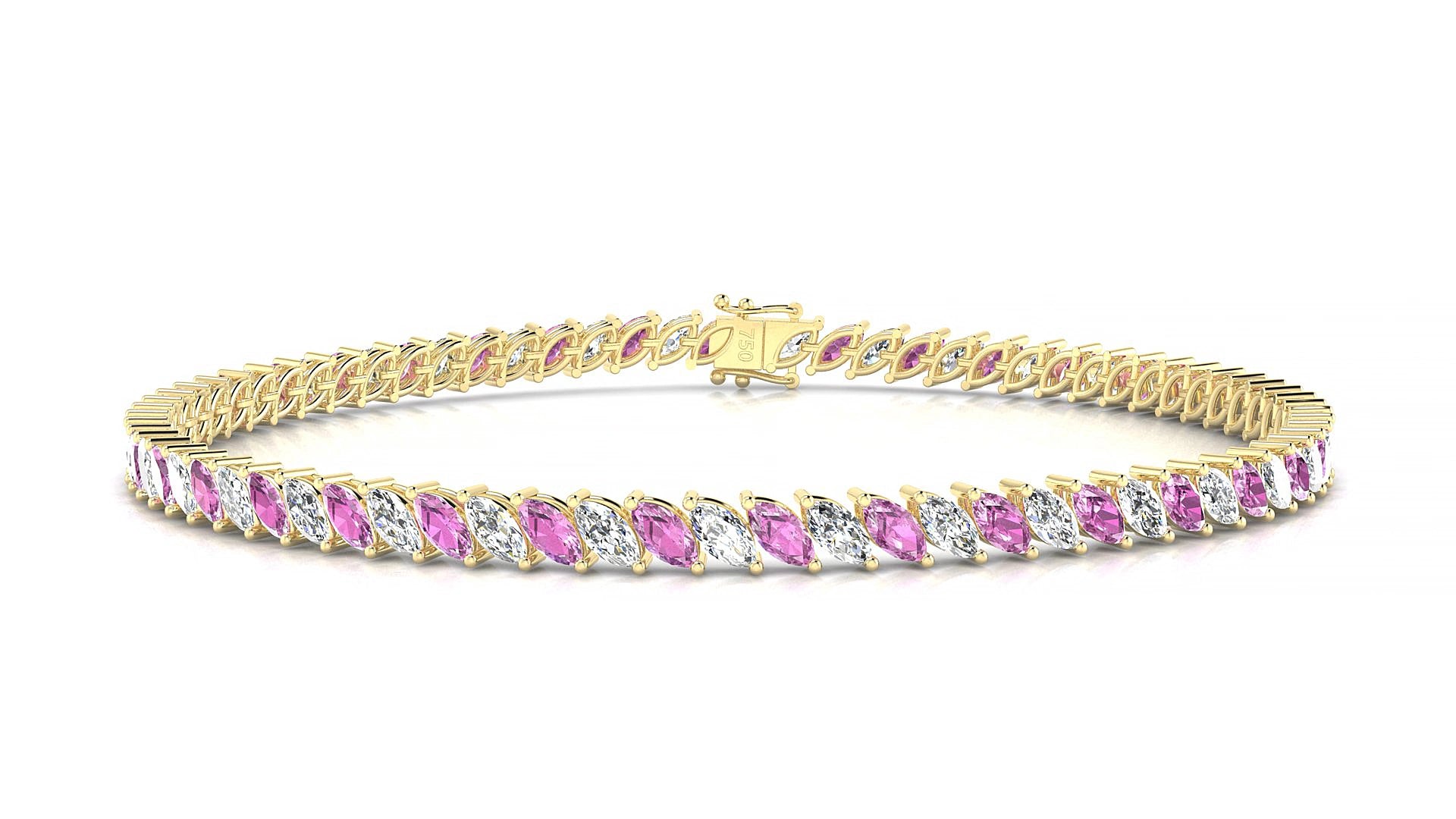 Venezia 1-1 | 18k Yellow Gold 4 x 2 mm Marquise Natural Pink Sapphire & Diamond 18 cm Tennis Bracelet