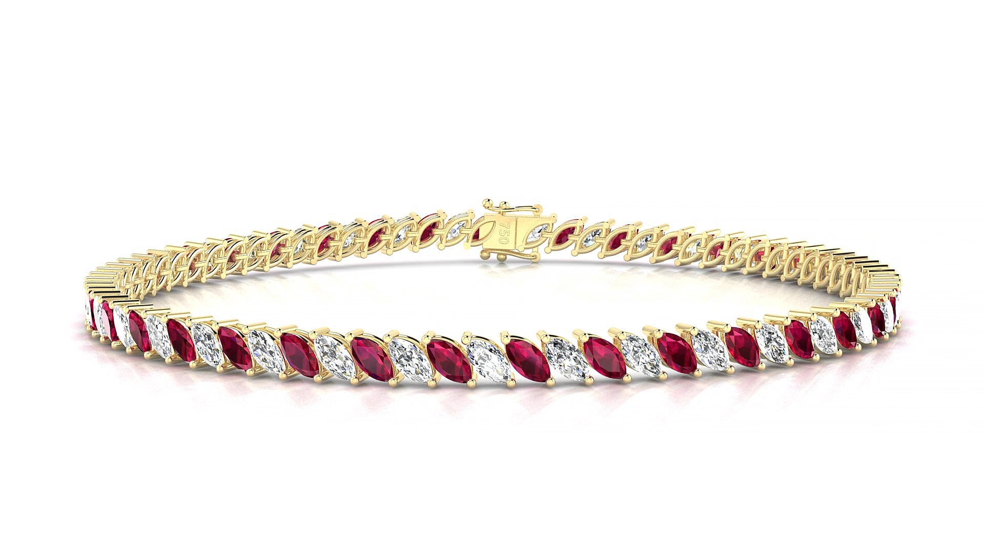 Venezia 1-1 | 18k Yellow Gold 4 x 2 mm Marquise Natural Ruby & Diamond 15 cm Tennis Bracelet