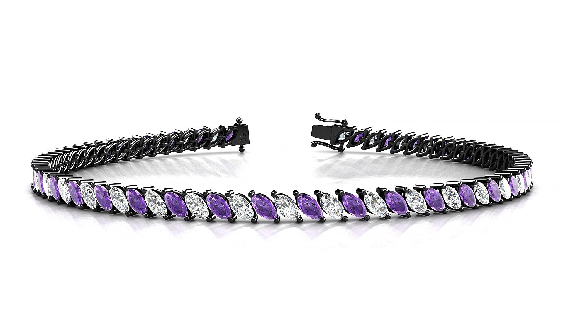 Venezia 1-1 | 18k Black Gold 4 x 2 mm Marquise Natural Amethyst & Diamond 15 cm Tennis Bracelet