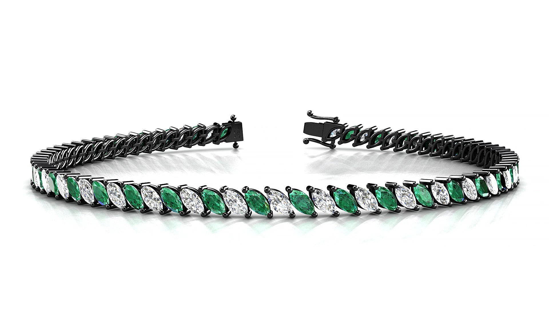 Venezia 1-1 | 18k Black Gold 4 x 2 mm Marquise Natural Emerald & Diamond 15 cm Tennis Bracelet