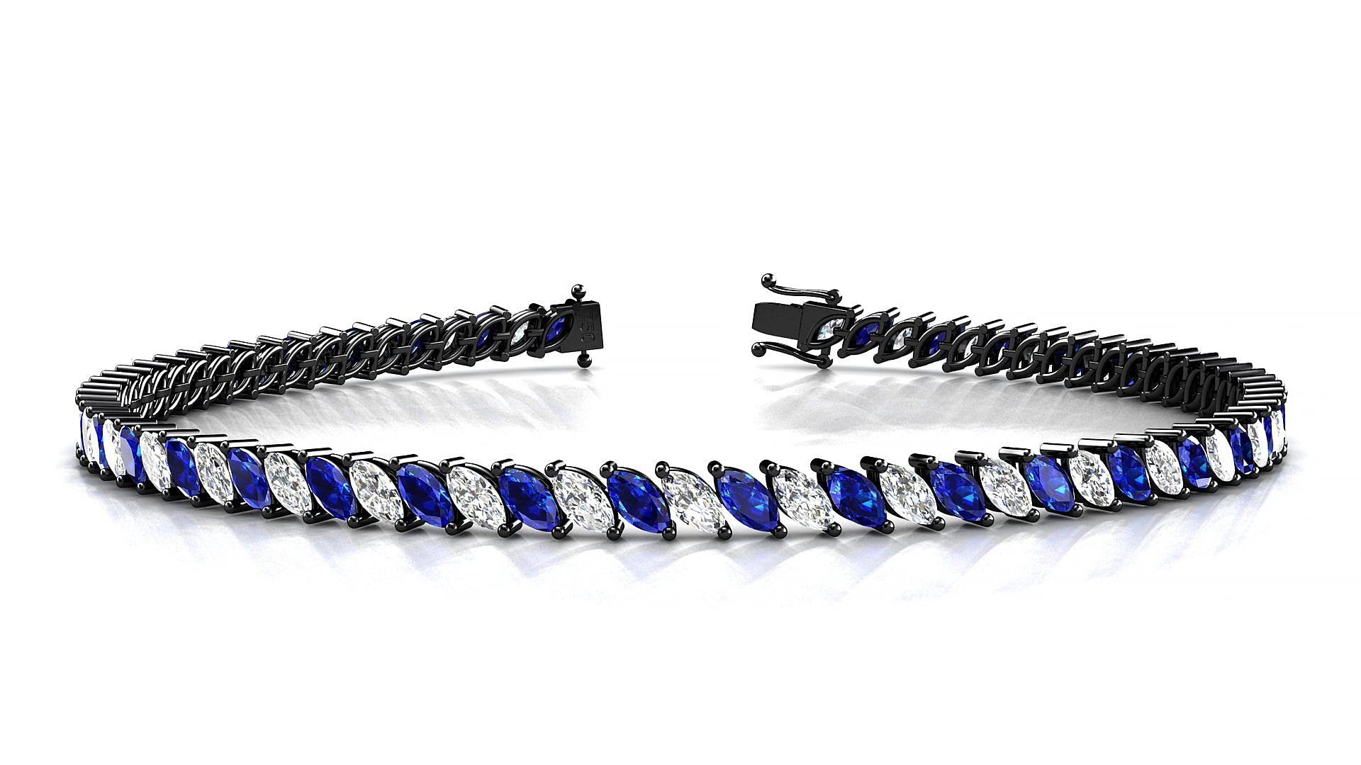 Venezia 1-1 | 18k Black Gold 4 x 2 mm Marquise Natural Sapphire & Diamond 15 cm Tennis Bracelet