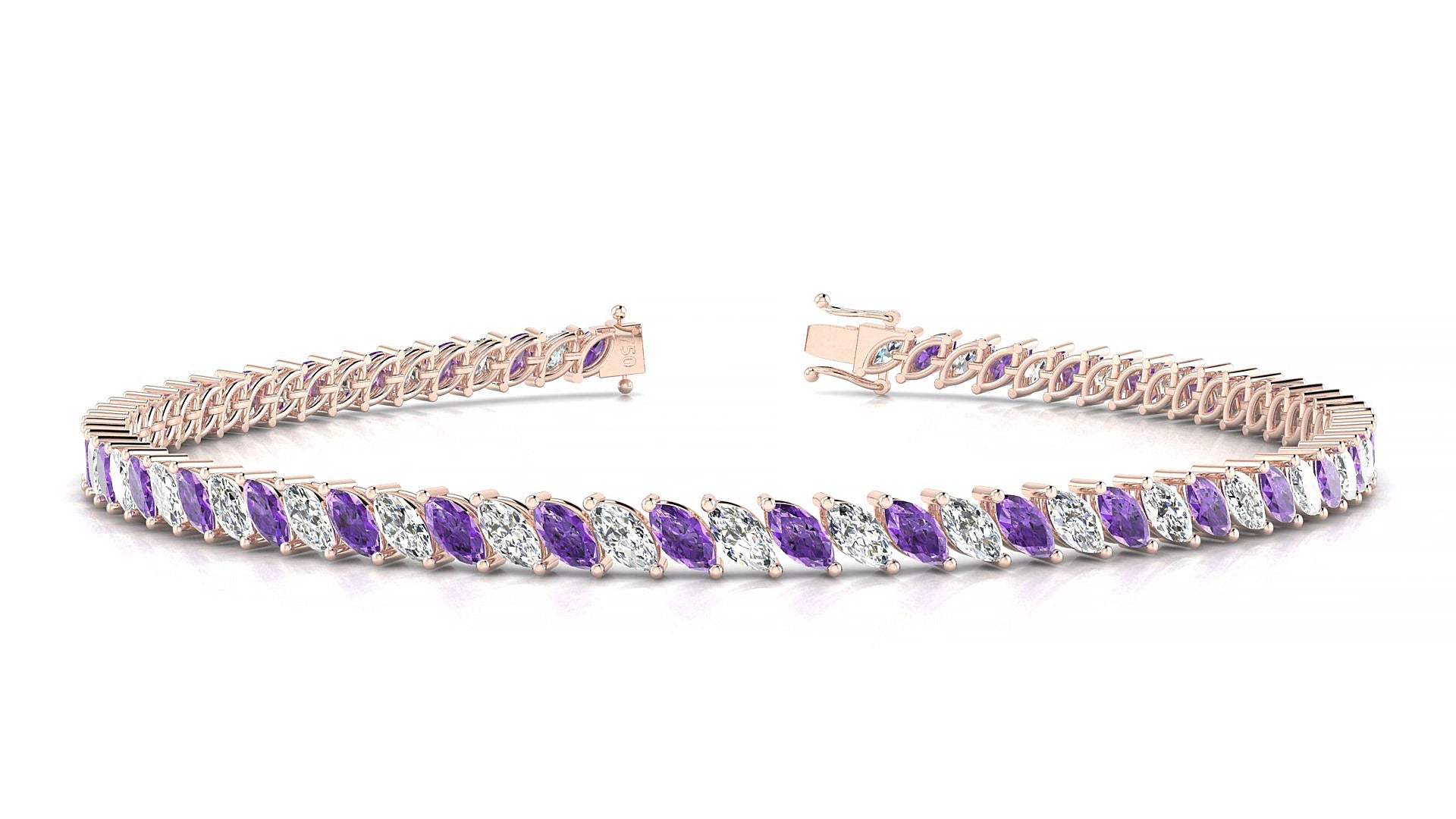 Venezia 1-1 | 18k Rose Gold 4 x 2 mm Marquise Natural Amethyst & Diamond 18 cm Tennis Bracelet