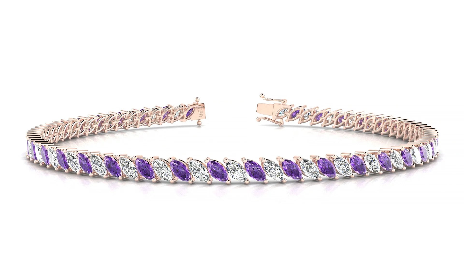 Venezia 1-1 | 18k Rose Gold 4 x 2 mm Marquise Natural Amethyst & Diamond Tennis Bracelet