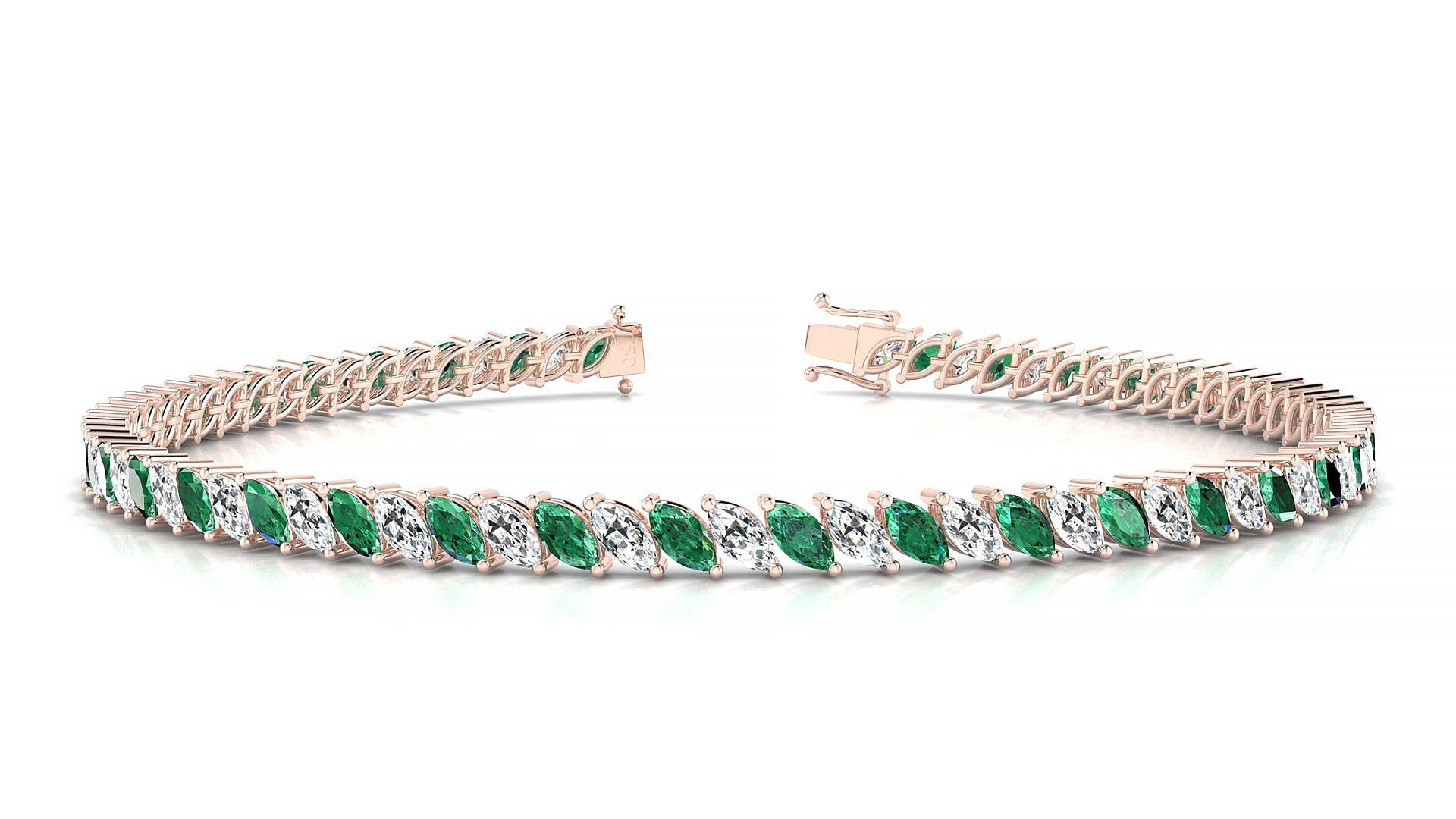 Venezia 1-1 | 18k Rose Gold 4 x 2 mm Marquise Natural Emerald & Diamond Tennis Bracelet