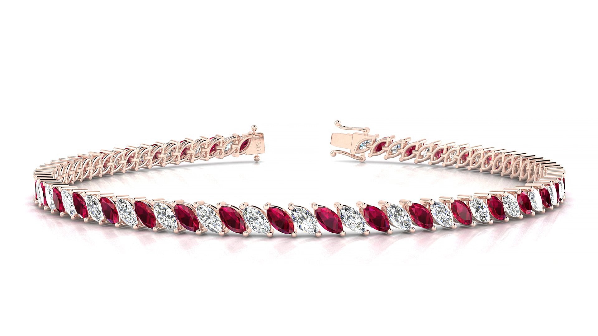Venezia 1-1 | 18k Rose Gold 4 x 2 mm Marquise Natural Ruby & Diamond 15 cm Tennis Bracelet