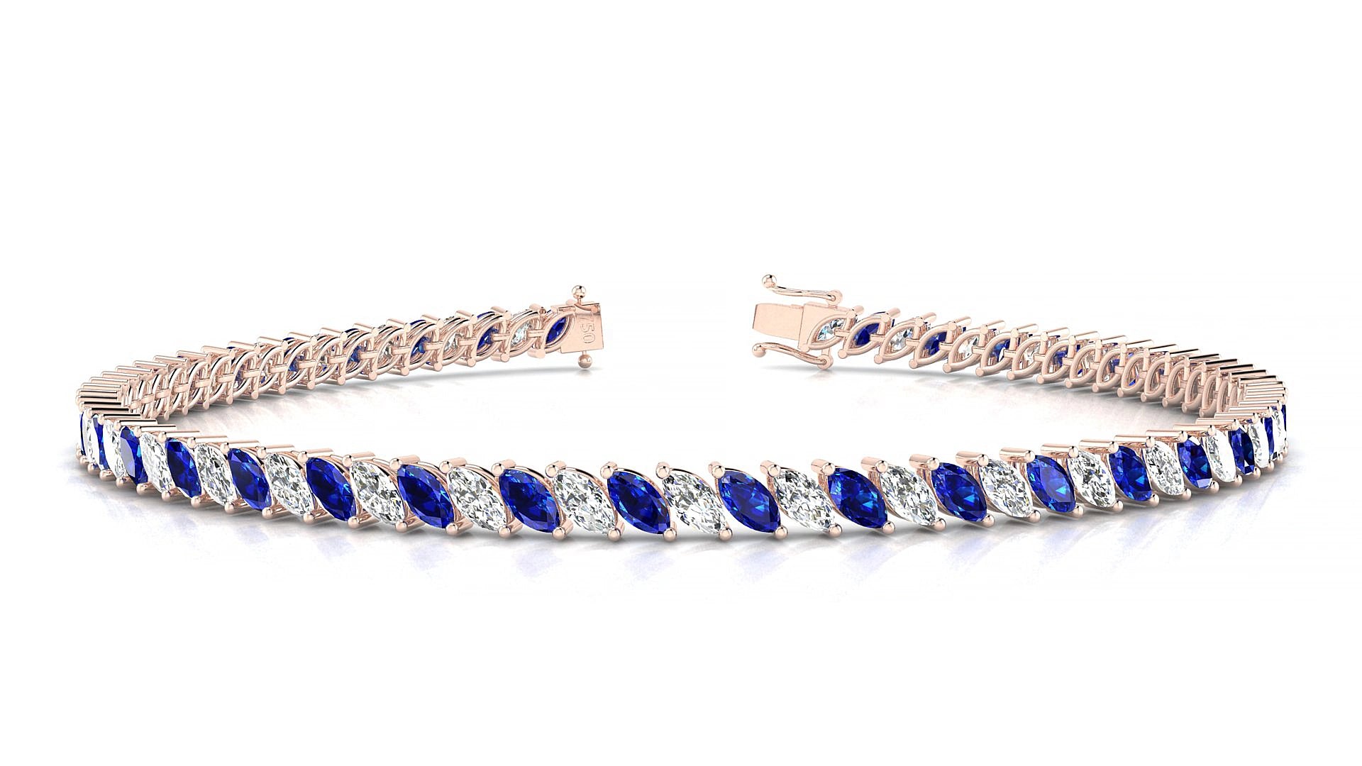 Venezia 1-1 | 18k Rose Gold 4 x 2 mm Marquise Natural Sapphire & Diamond 15 cm Tennis Bracelet