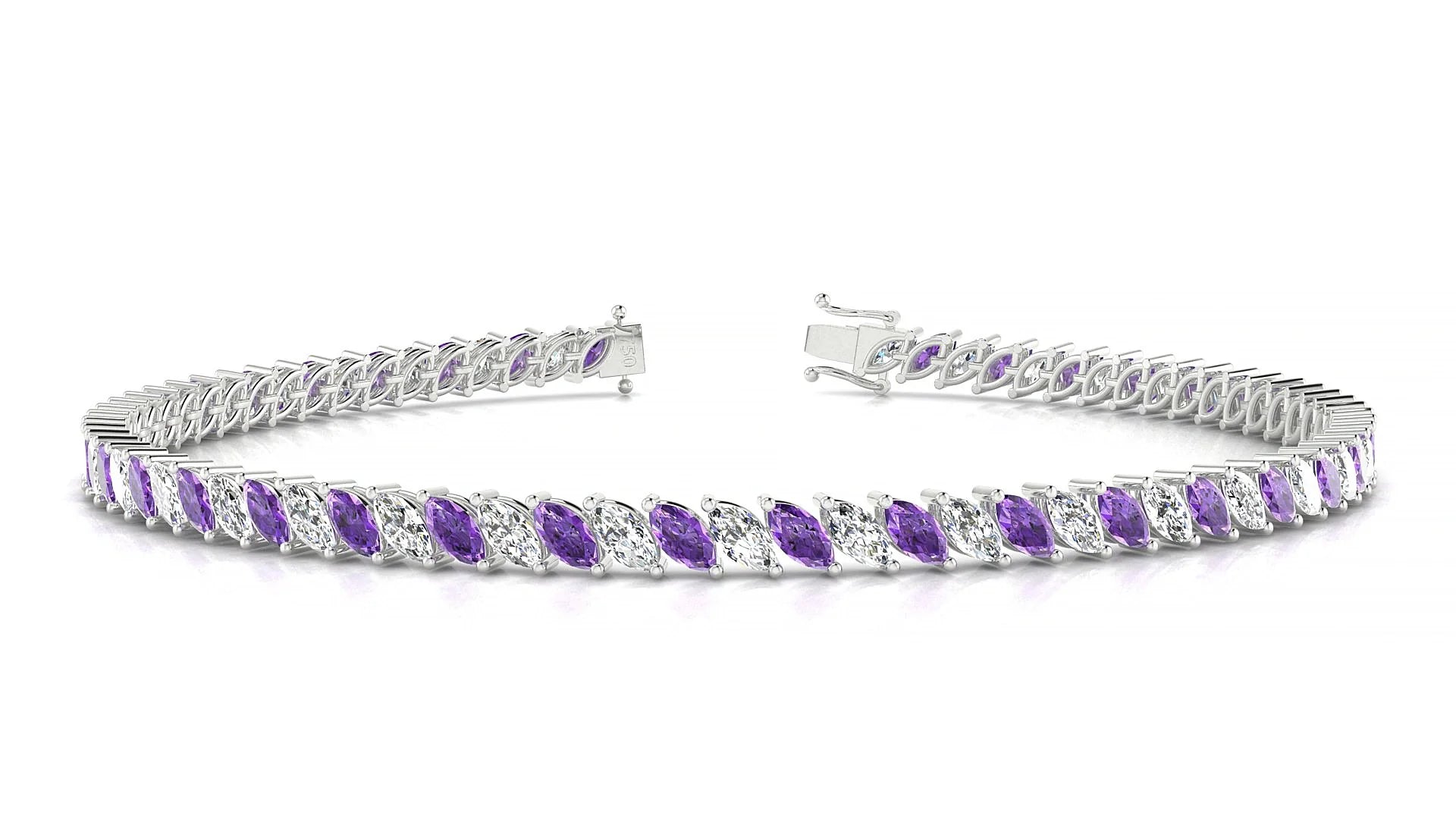 Venezia 1-1 | 18k White Gold 4 x 2 mm Marquise Natural Amethyst & Diamond Tennis Bracelet