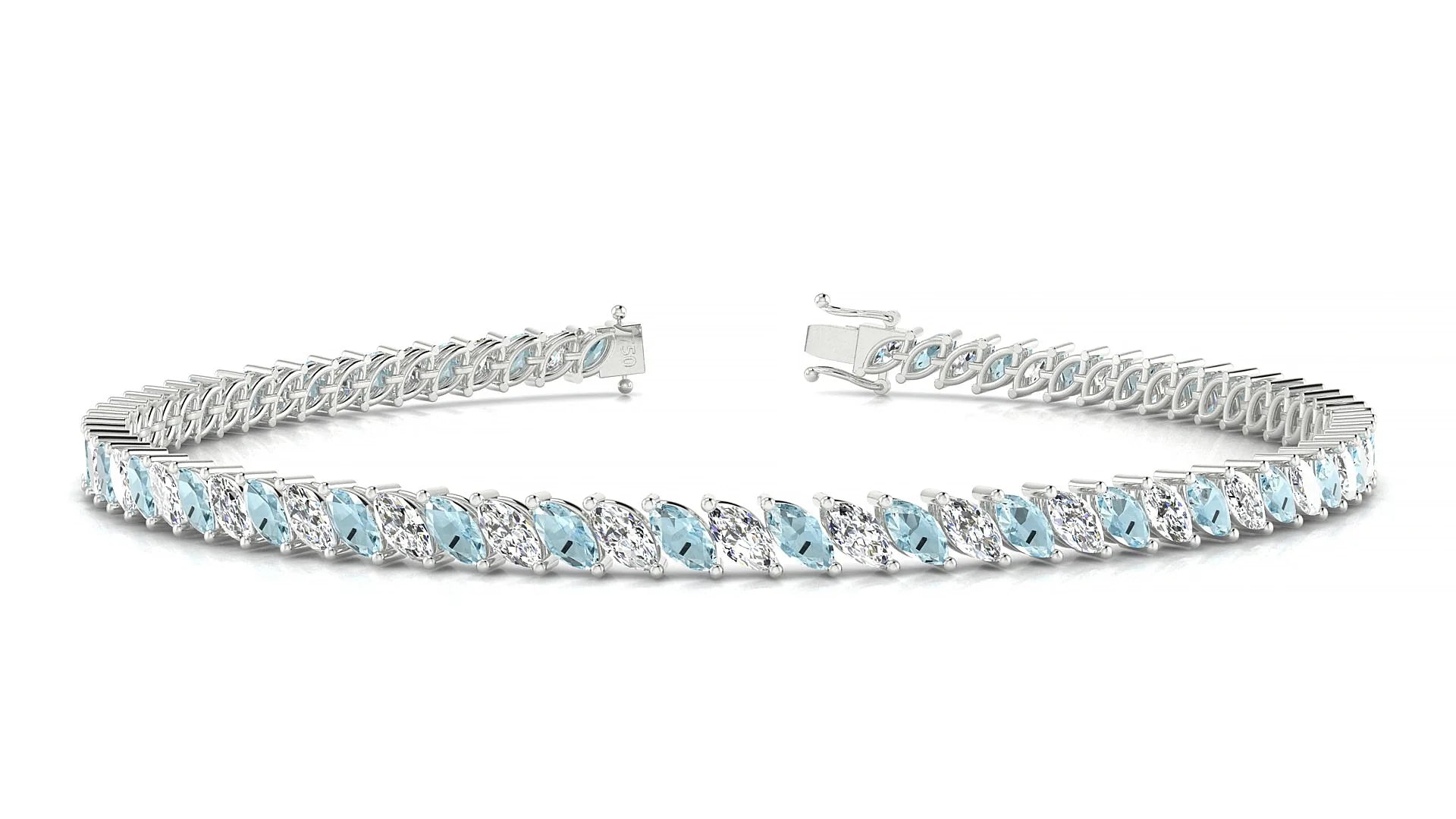 Venezia 1-1 | 18k White Gold 4 x 2 mm Marquise Natural Aquamarine & Diamond Tennis Bracelet
