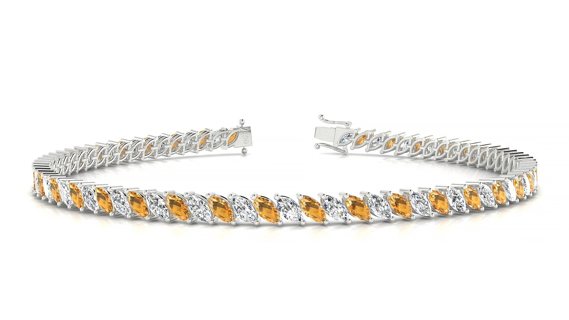 Venezia 1-1 | 18k White Gold 4 x 2 mm Marquise Natural Citrine & Diamond 15 cm Tennis Bracelet