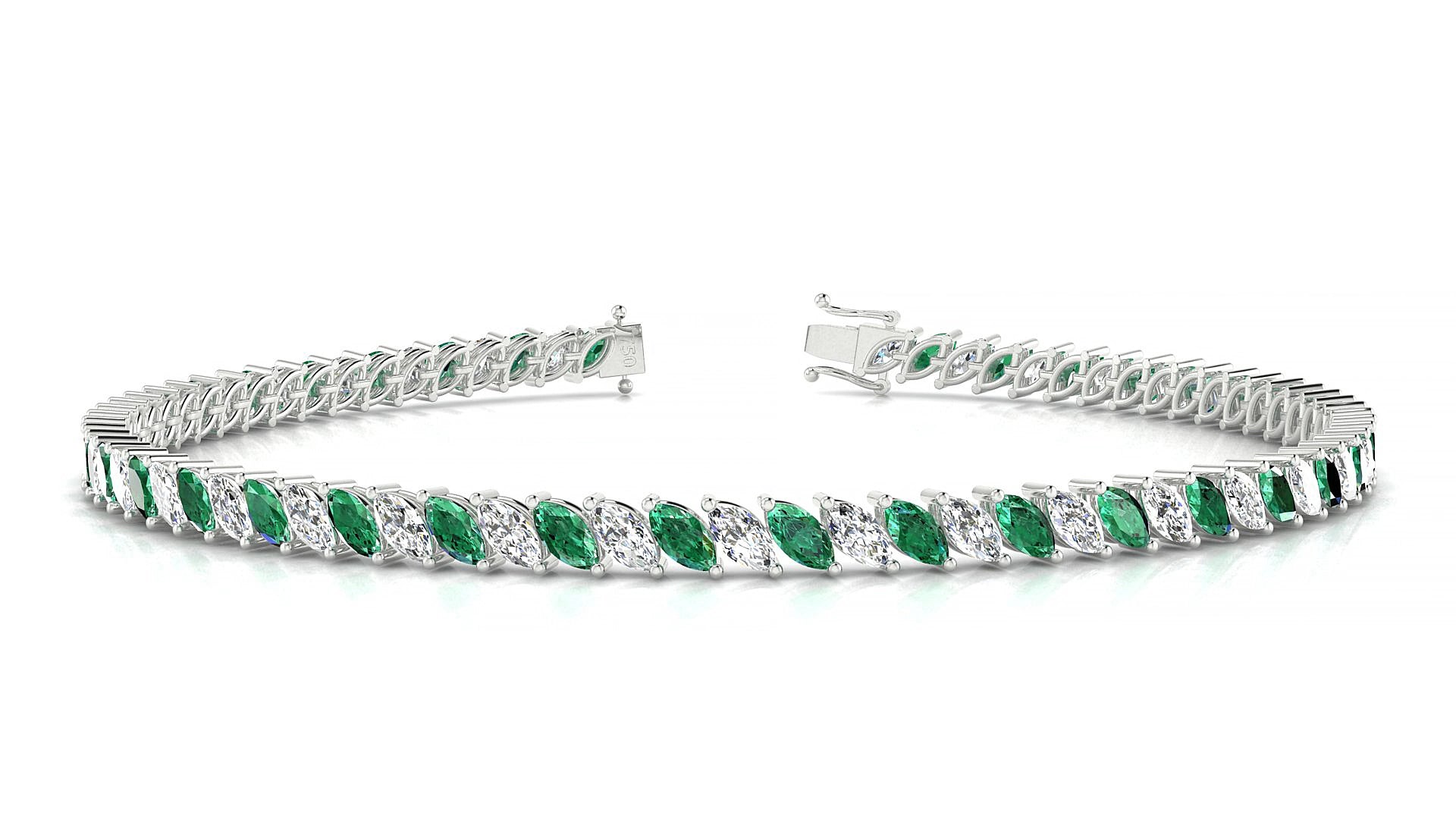Venezia 1-1 | 18k White Gold 4 x 2 mm Marquise Natural Emerald & Diamond 15 cm Tennis Bracelet