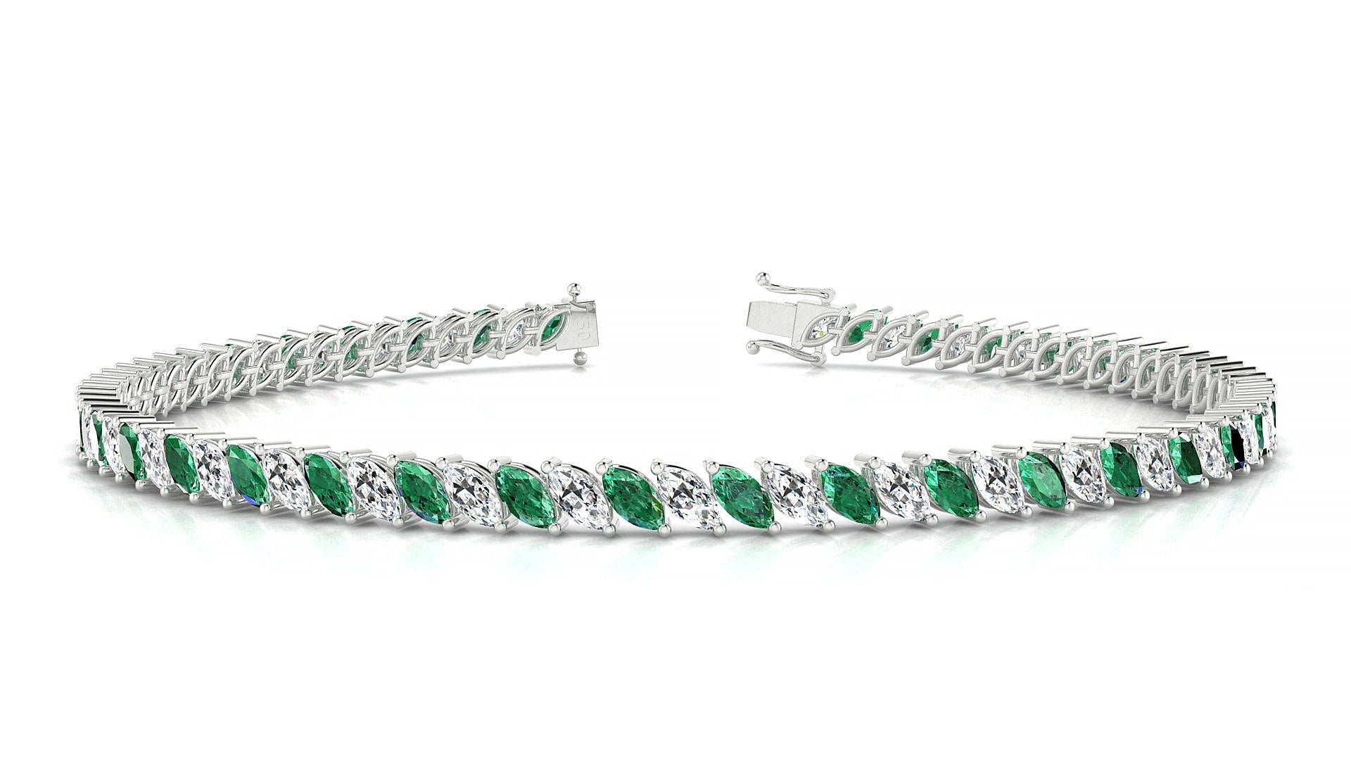 Venezia 1-1 | 18k White Gold 4 x 2 mm Marquise Natural Emerald & Diamond Tennis Bracelet