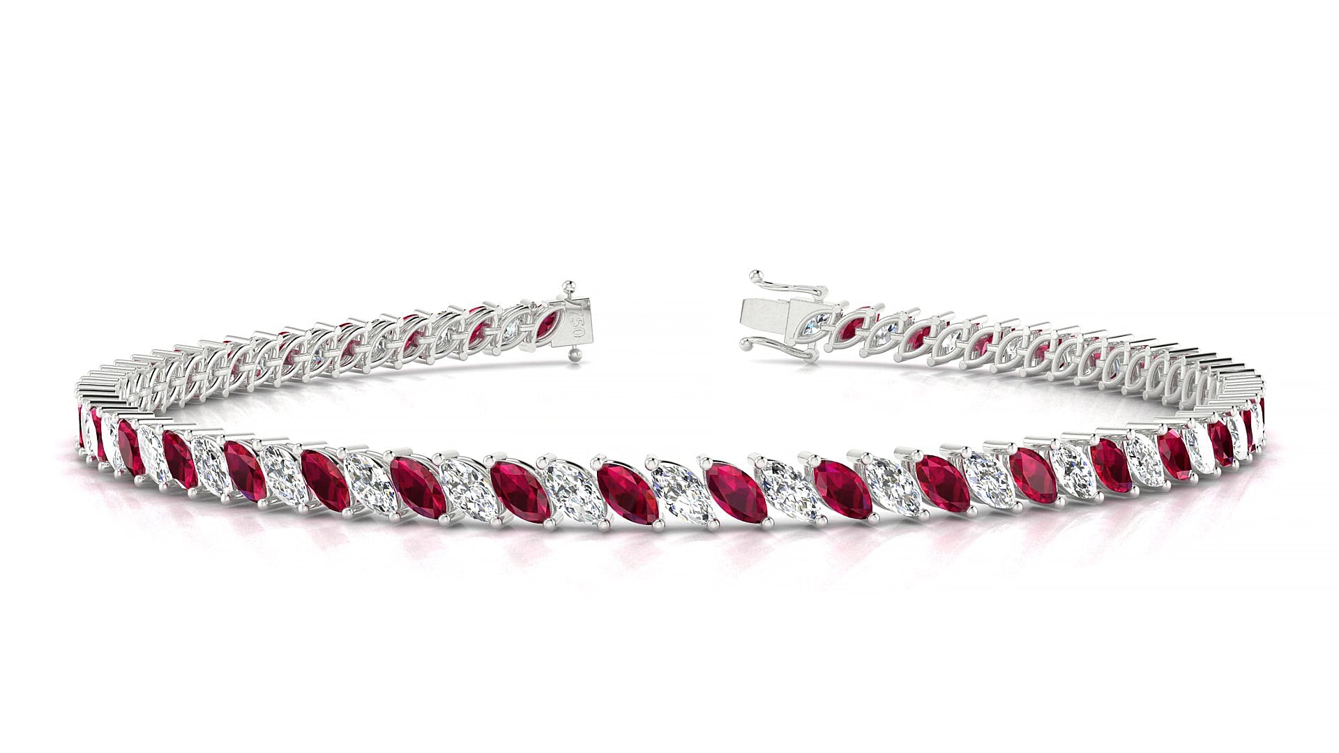 Venezia 1-1 | 18k White Gold 4 x 2 mm Marquise Natural Ruby & Diamond 15 cm Tennis Bracelet