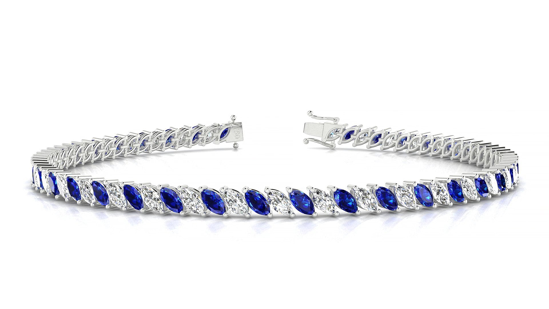 Venezia 1-1 | 18k White Gold 4 x 2 mm Marquise Natural Sapphire & Diamond 15 cm Tennis Bracelet