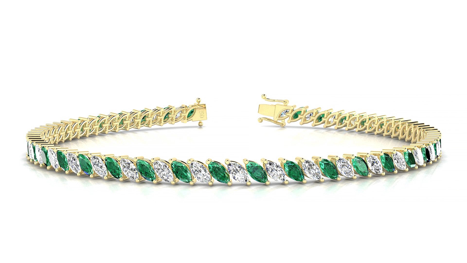 Venezia 1-1 | 18k Yellow Gold 4 x 2 mm Marquise Natural Emerald & Diamond 15 cm Tennis Bracelet